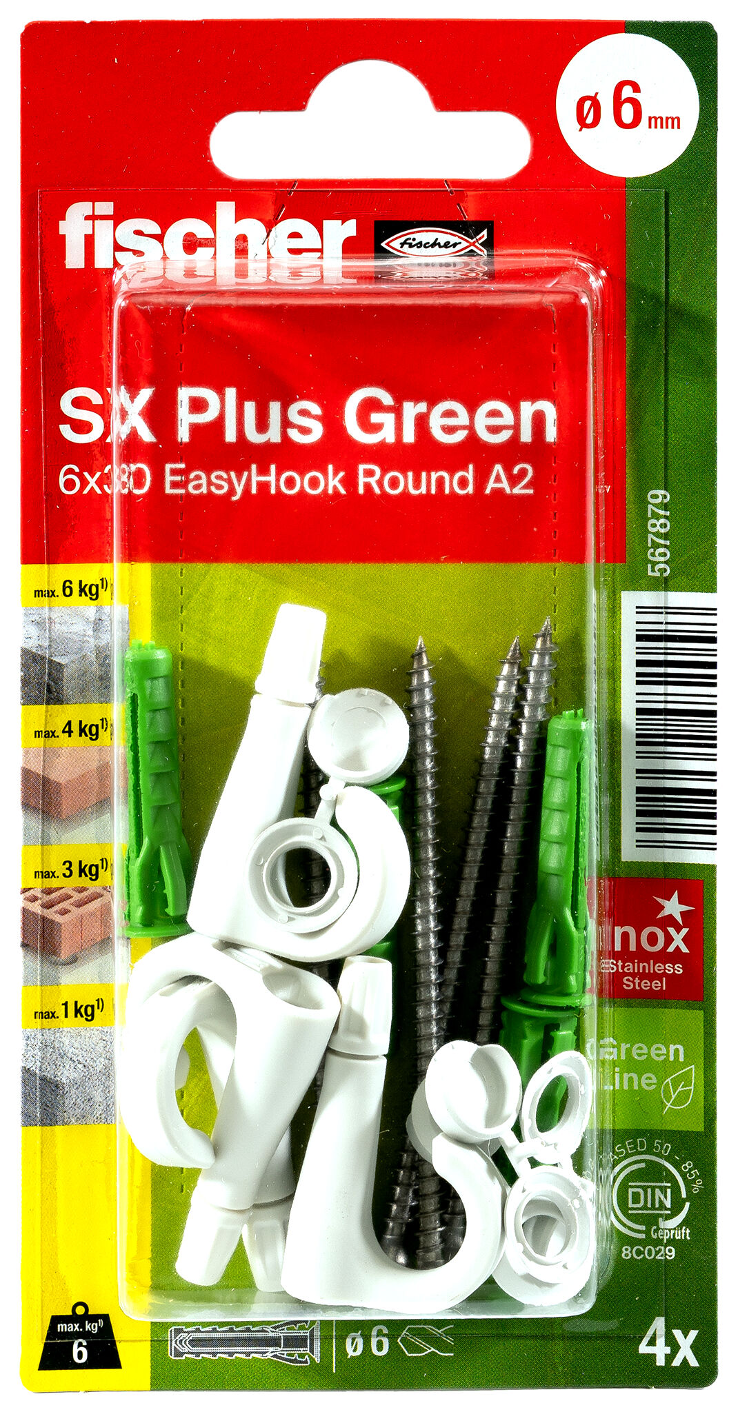 Verpackung: "fischer Spreizdübel SX Plus Green 6 x 30 EasyHook Round A2 K"