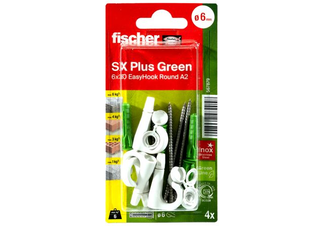 Verpackung: "fischer Spreizdübel SX Plus Green 6 x 30 EasyHook Round A2 K"