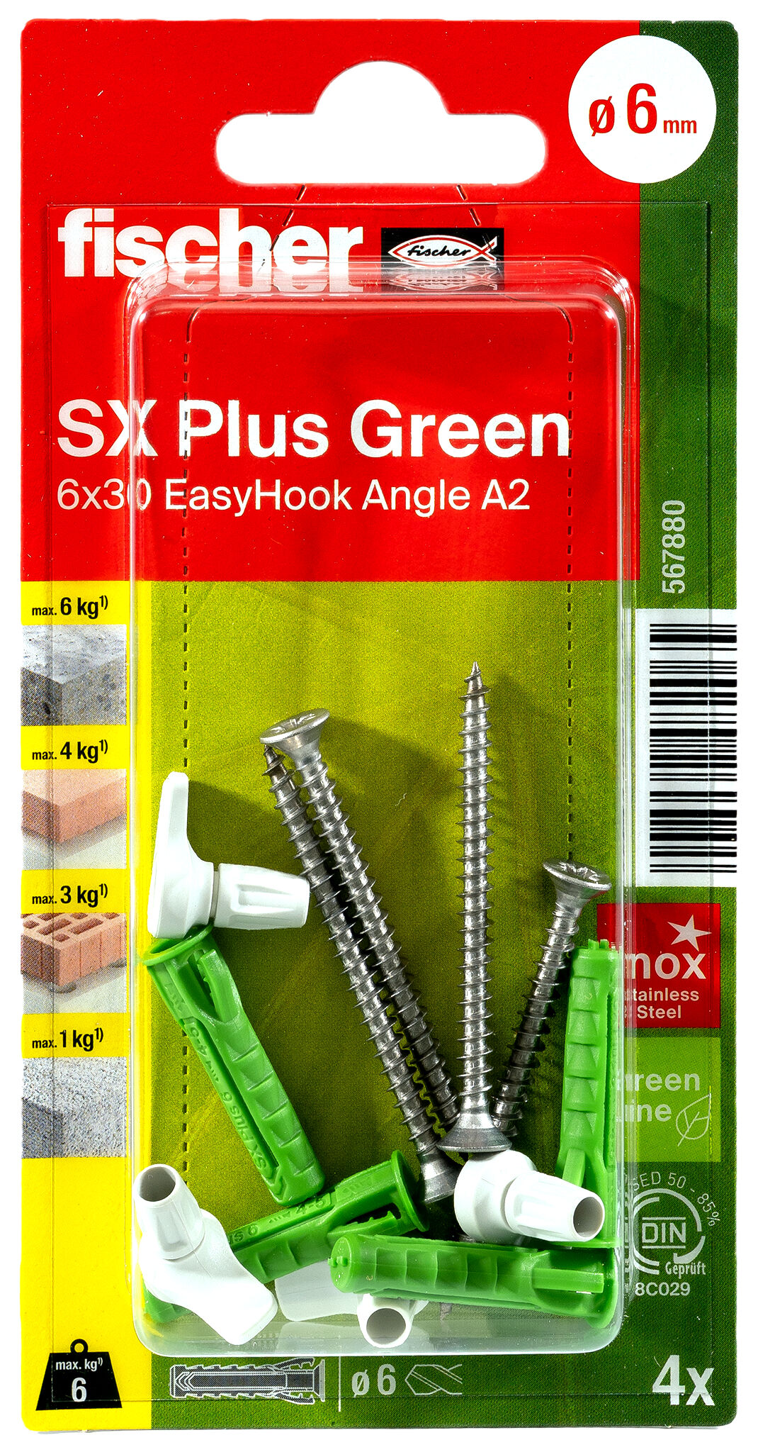 Verpackung: "fischer Spreizdübel SX Plus Green 6 x 30 EasyHook Angle A2 K"