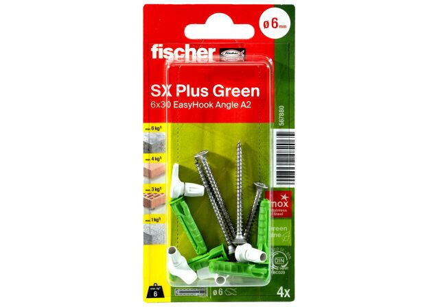 Verpackung: "fischer Spreizdübel SX Plus Green 6 x 30 EasyHook Angle A2 K"