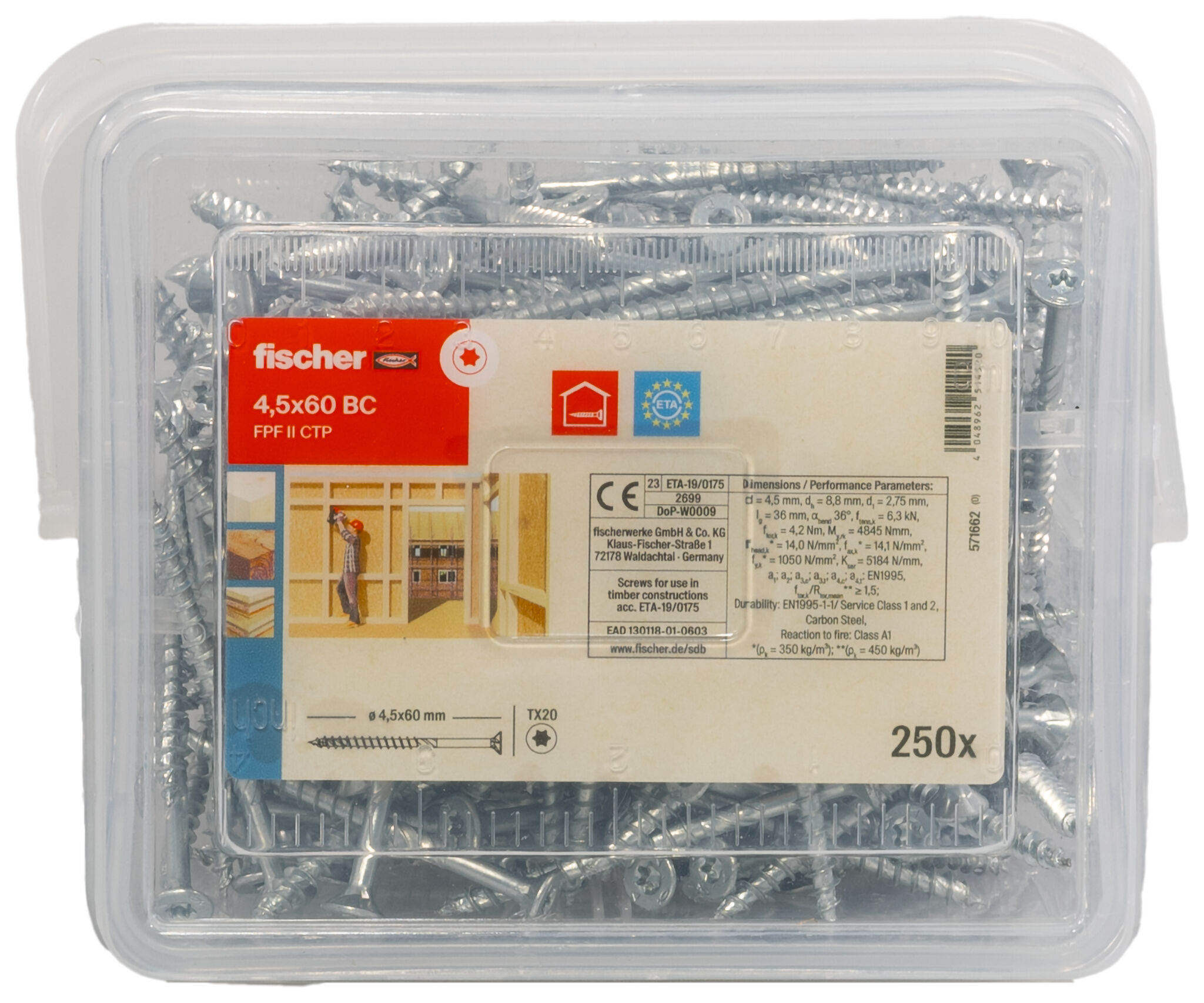 Packaging: "fischer Chipboard screw PowerFast FPF II CTP 4.5 x 60 BC countersunk head TX star recess partial thread blue zinc plated"