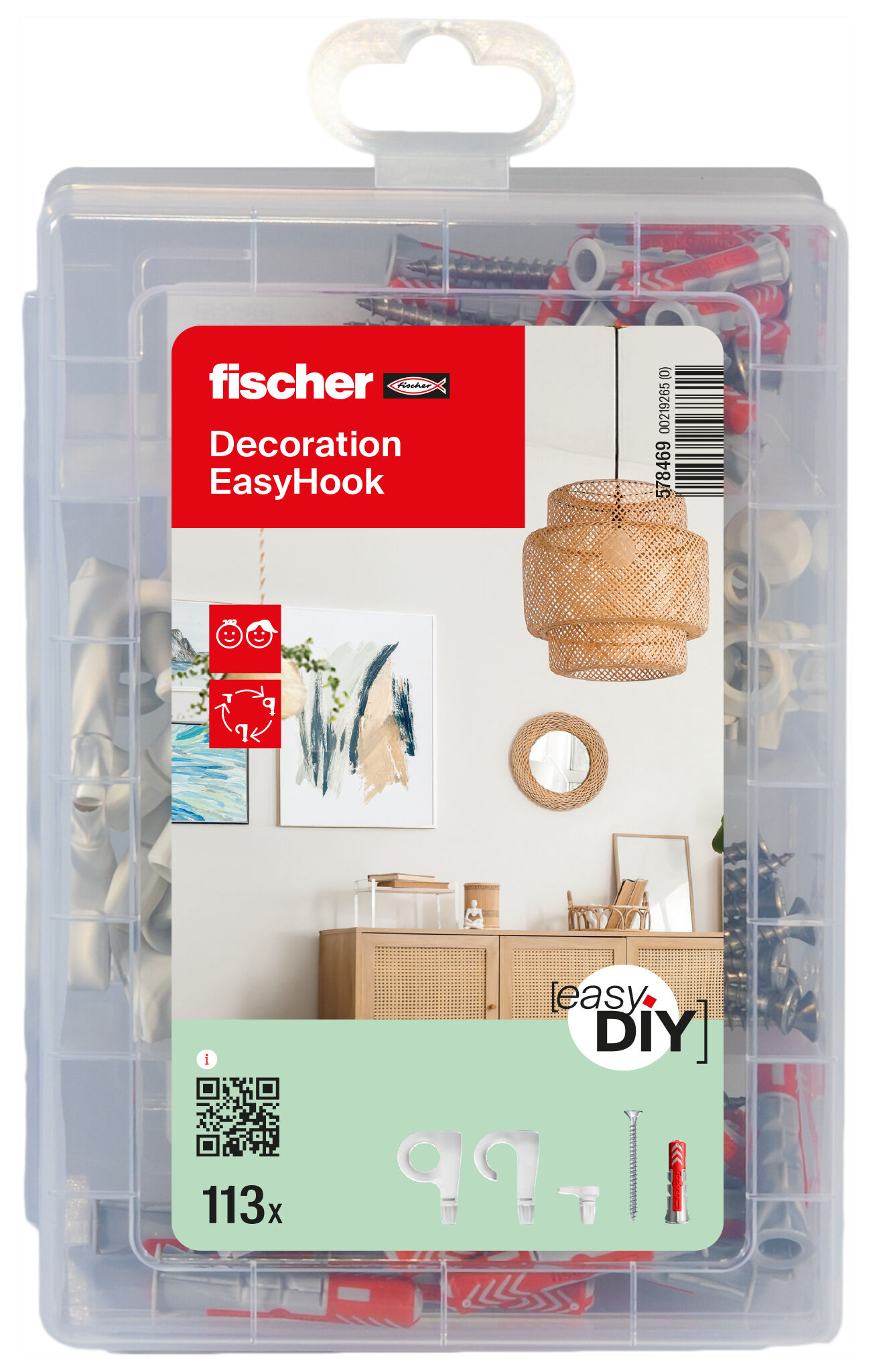 Packaging: "fischer EasyDIY Box Decoration EasyHook + screw (113)"
