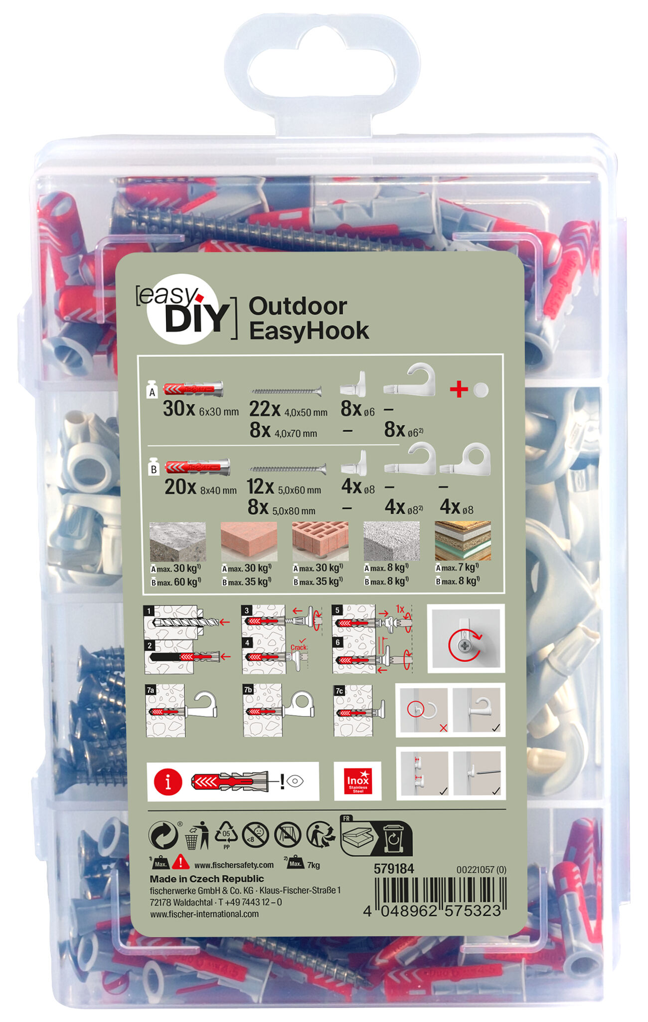 Packaging: "fischer EasyDIY Box Outdoor EasyHook (144)"