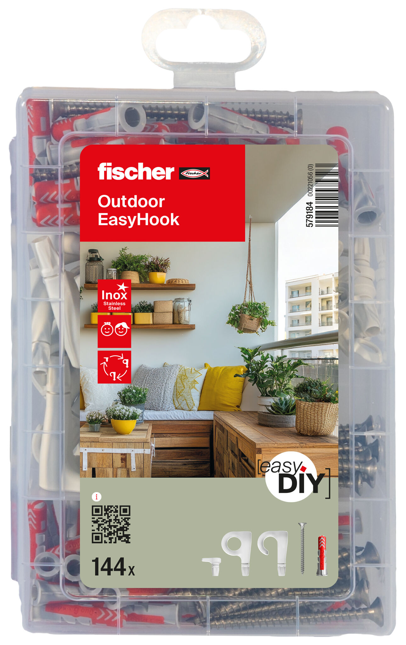 Packaging: "fischer EasyDIY Box Outdoor EasyHook (144)"