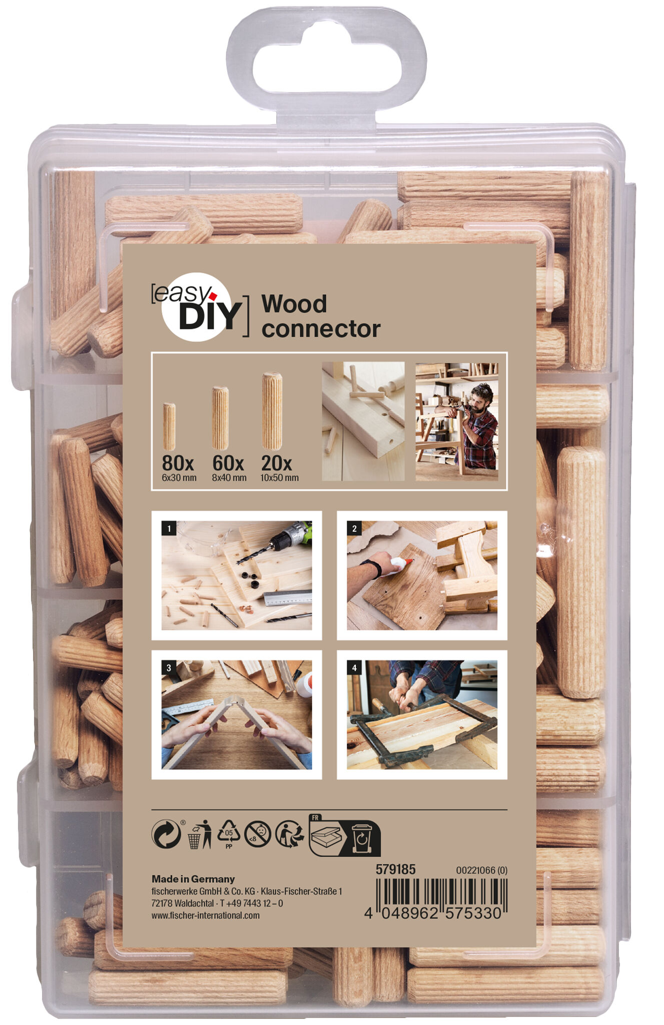 Packaging: "fischer EasyDIY Box Wood connector (160)"