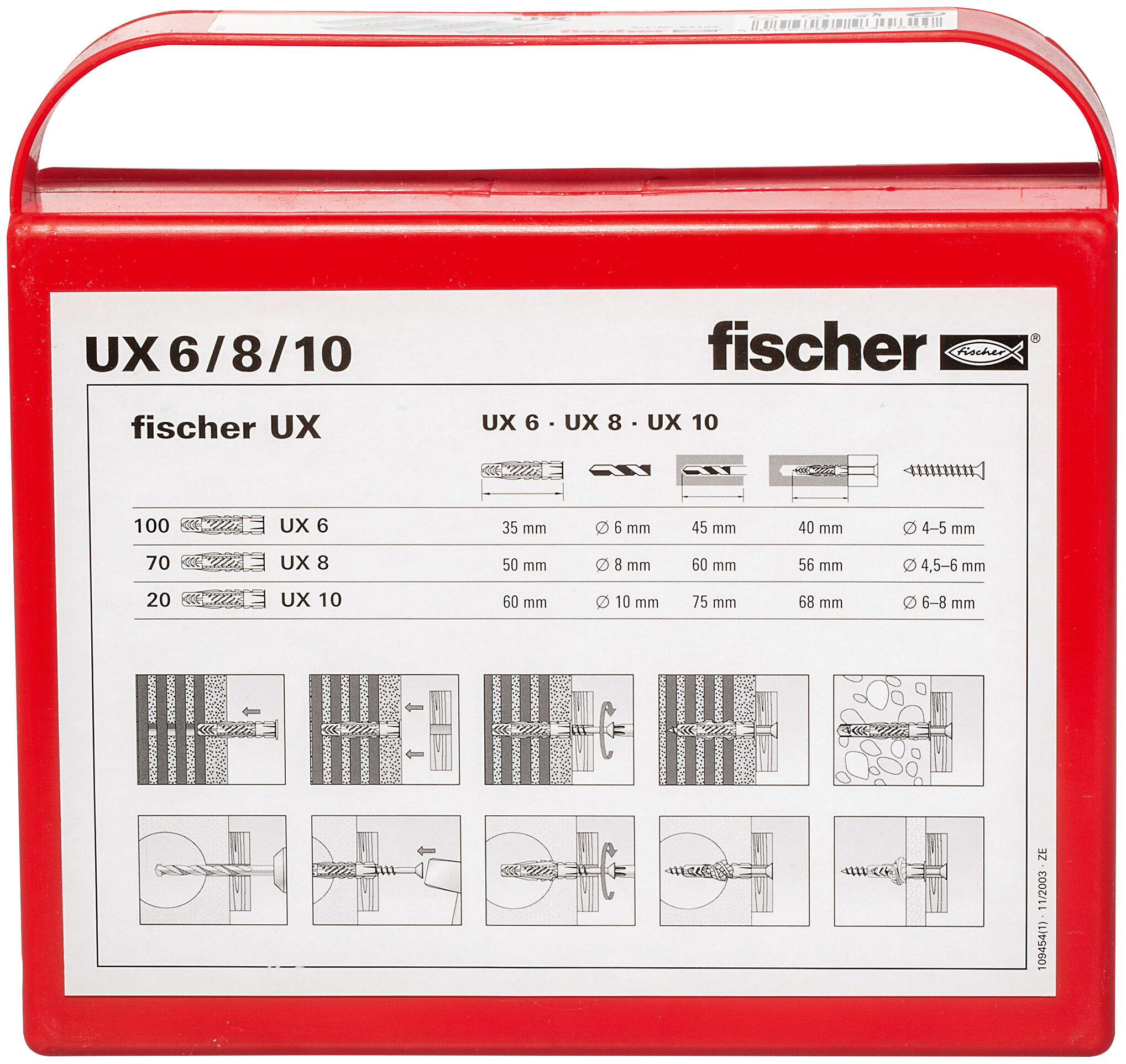 Packaging: "fischer installation box Universal plug UX6/8/10"