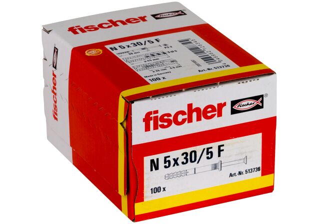 Packaging: "fischer Nagelplug N 5 x 30/5 F met platte kop"