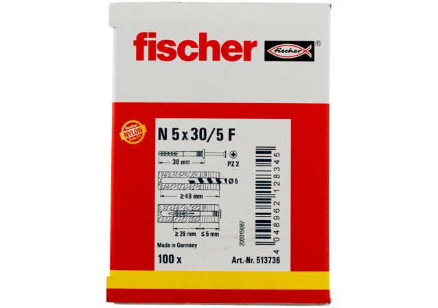 Packaging: "fischer Nagelplug N 5 x 30/5 F met platte kop"