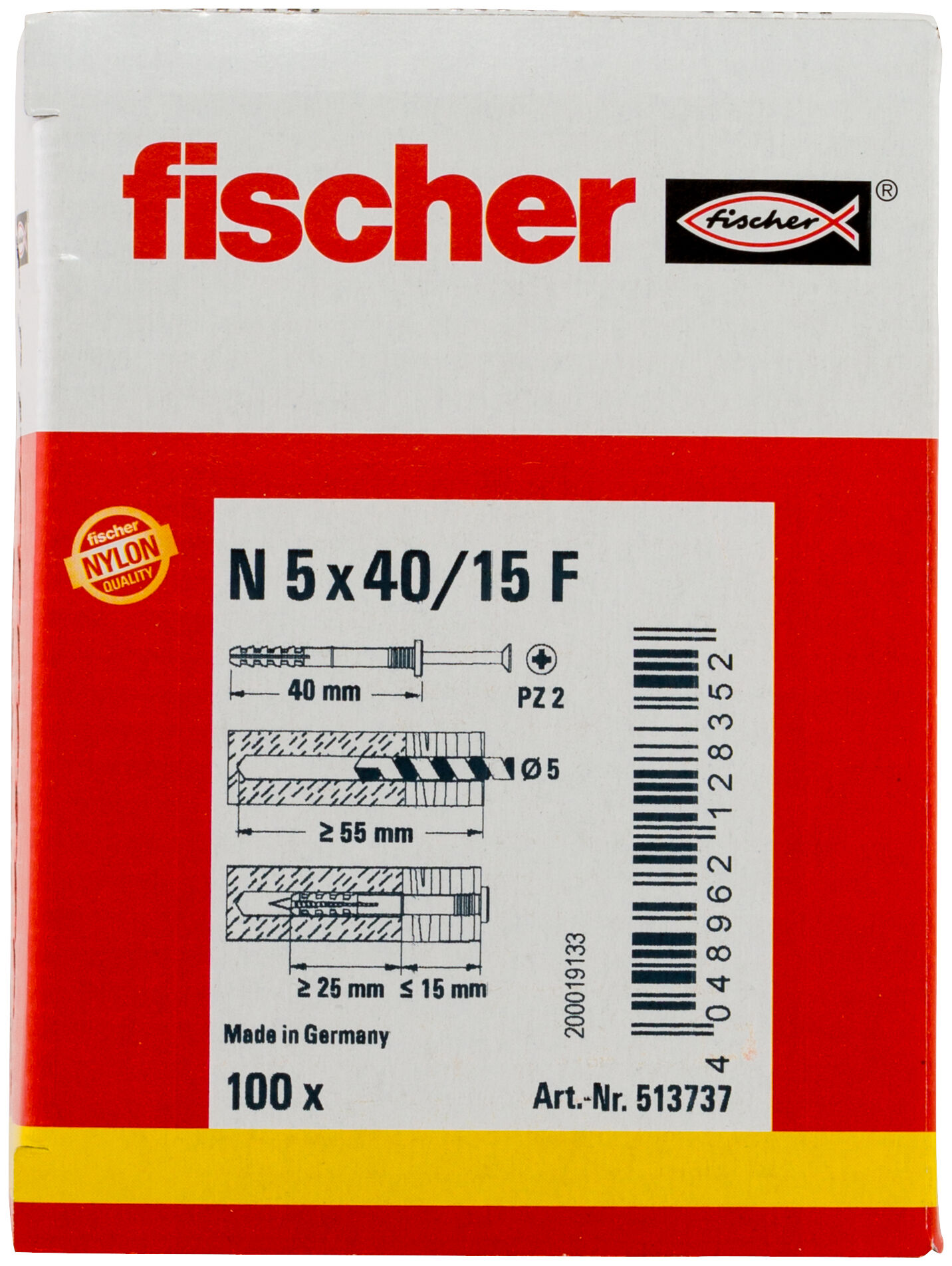 Packaging: "fischer Hammerfix N 5 x 40/15 F with flat head gvz"
