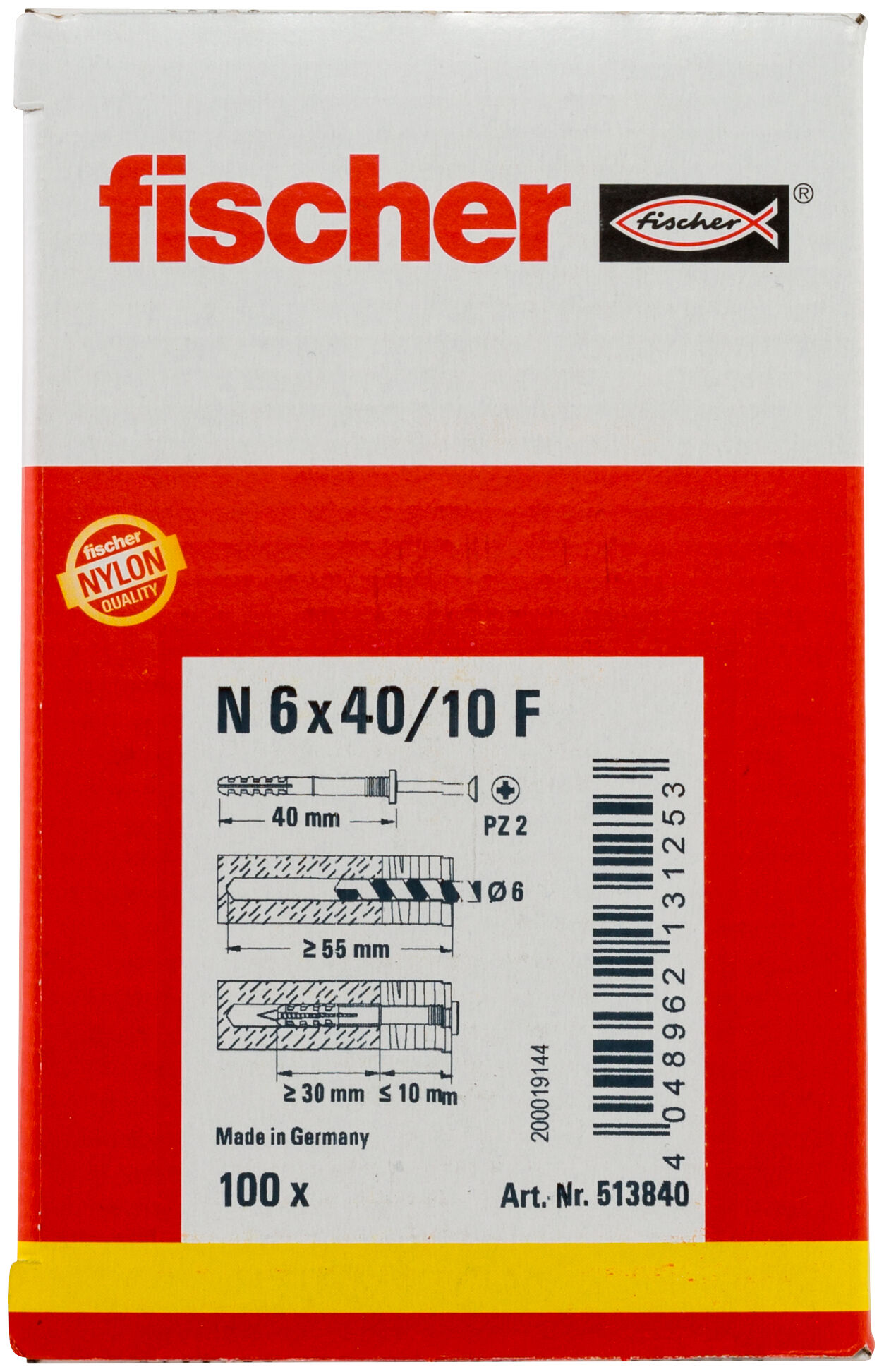 Packaging: "fischer Hammerfix N 6 x 40/10 F with flat head gvz"