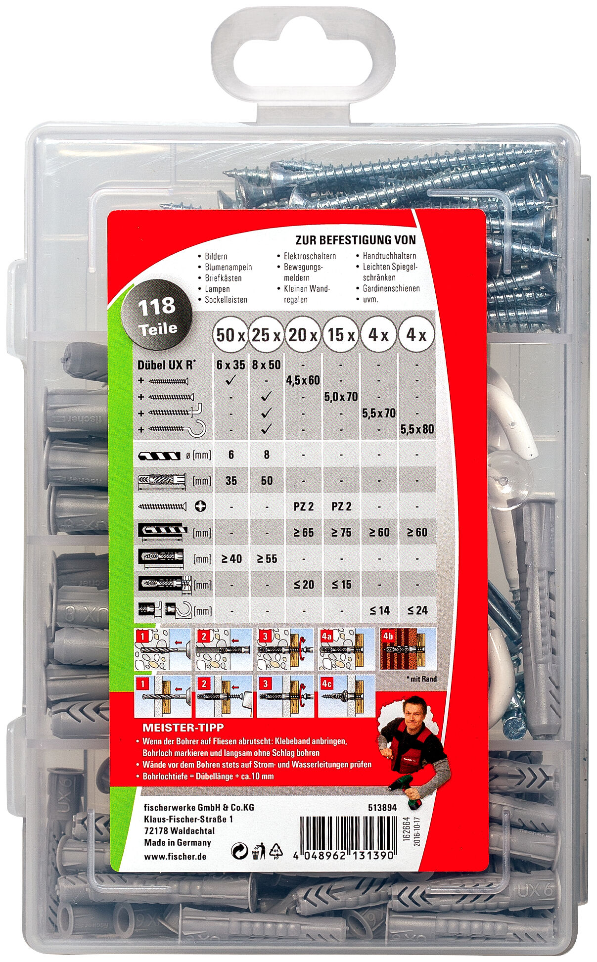 Packaging: "fischer Meister-Box UX + Screws + Hooks"