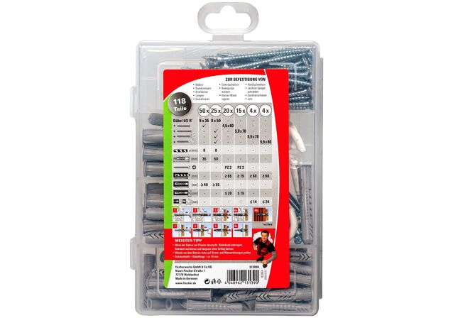 Packaging: "fischer Meister-Box UX with screws and hooks"