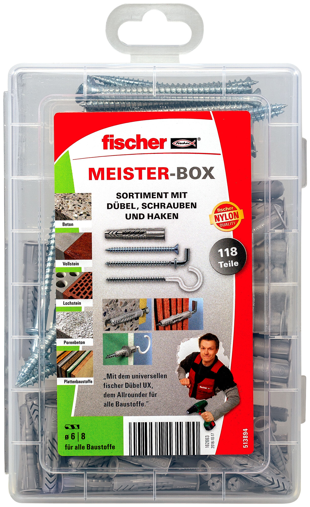 Packaging: "fischer Meister-Box UX + Screws + Hooks"
