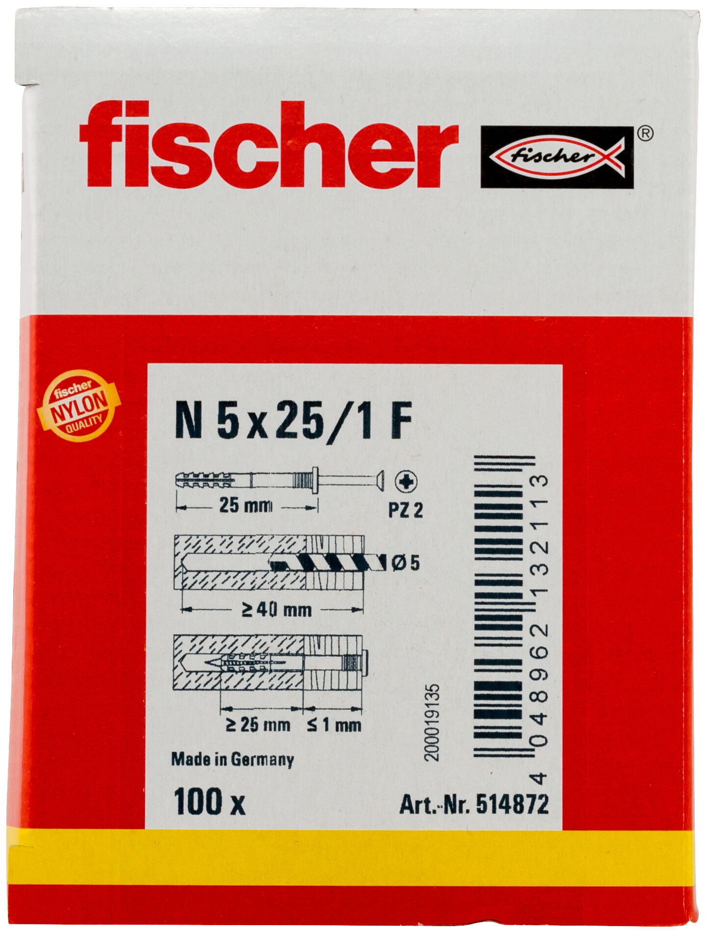 Packaging: "fischer Hammerfix N 5 x 25/1 F with flat head gvz"
