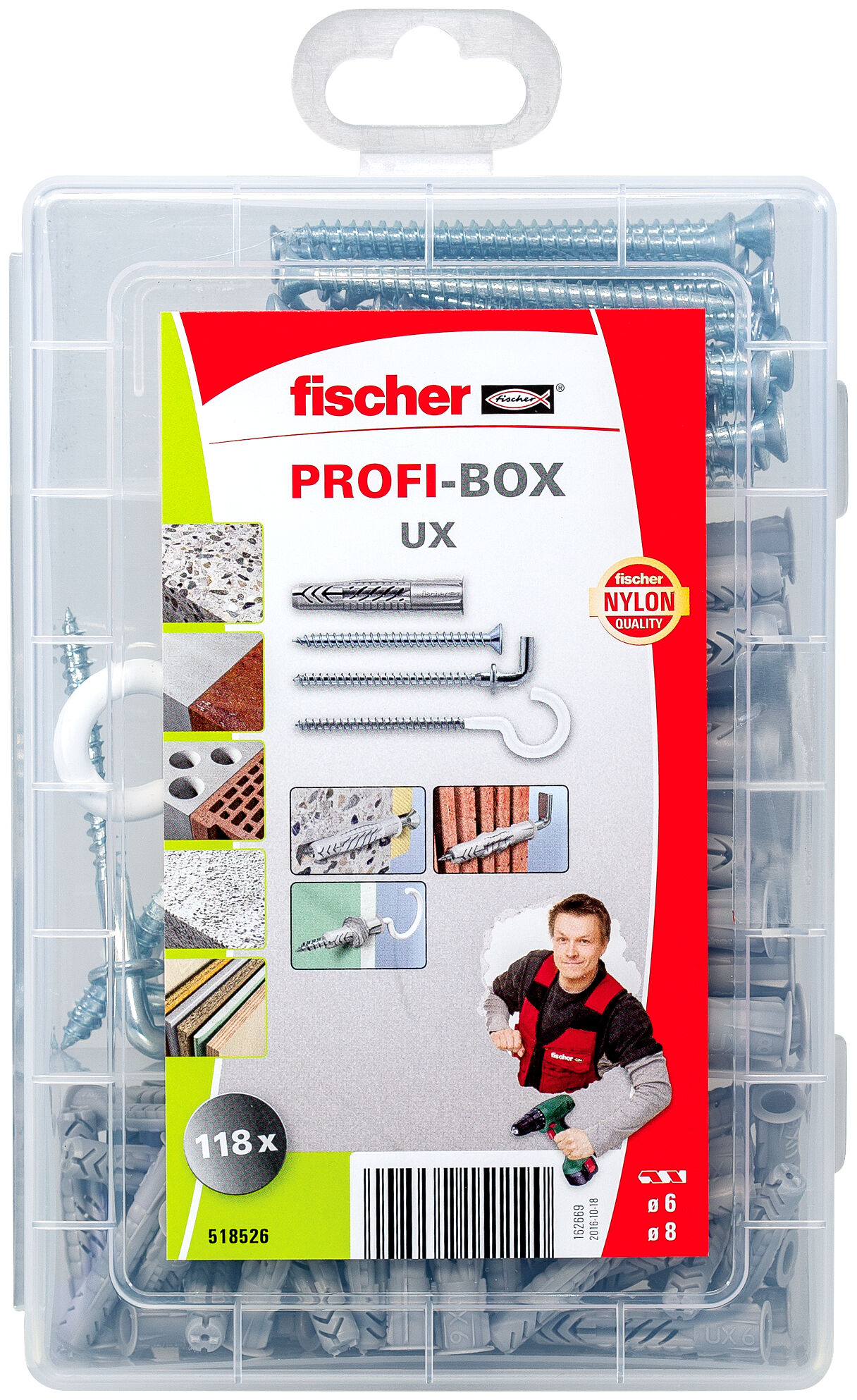 Packaging: "fischer Profi-Box UX + Screws + Hooks"