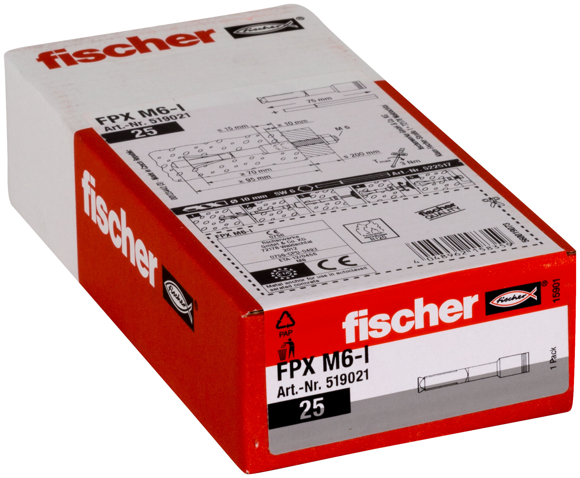 Packaging: "fischer Aircrete anchor FPX-M6-I electro zinc plated"