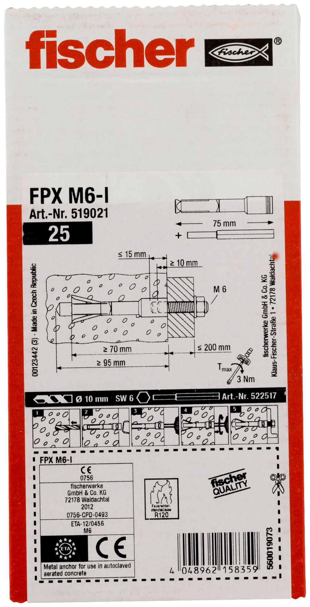 Packaging: "fischer Aircrete anchor FPX-M6-I electro zinc plated"