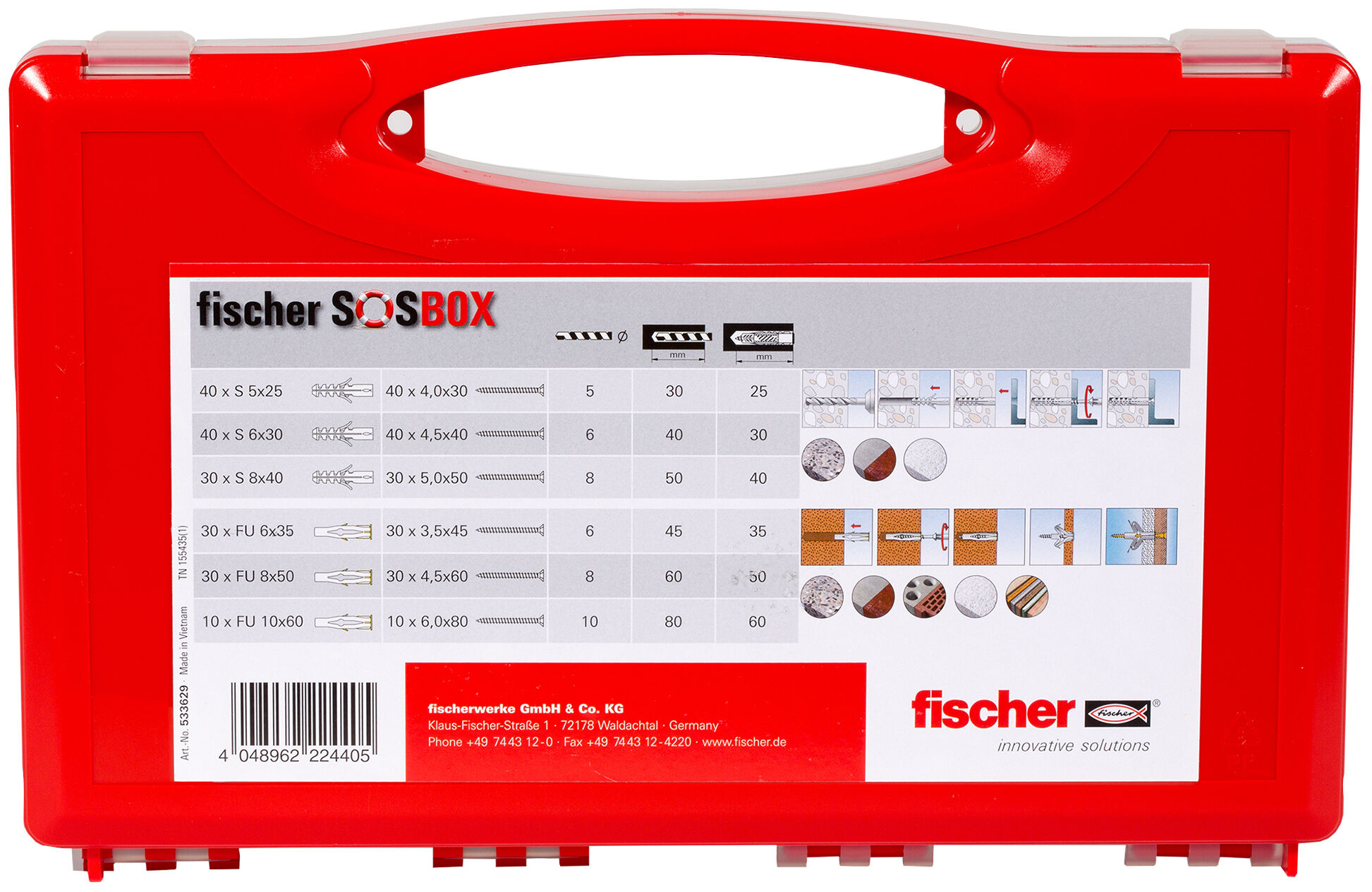 Packaging: "fischer SOS-Box S + FU + Screws"