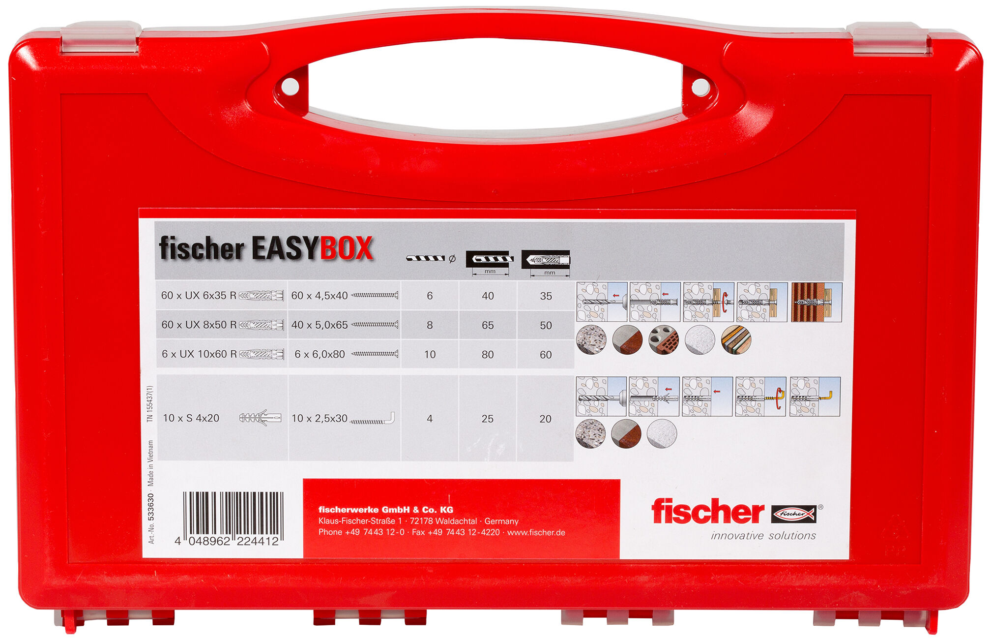 Packaging: "fischer EASY BOX Universal plug UX with screws"