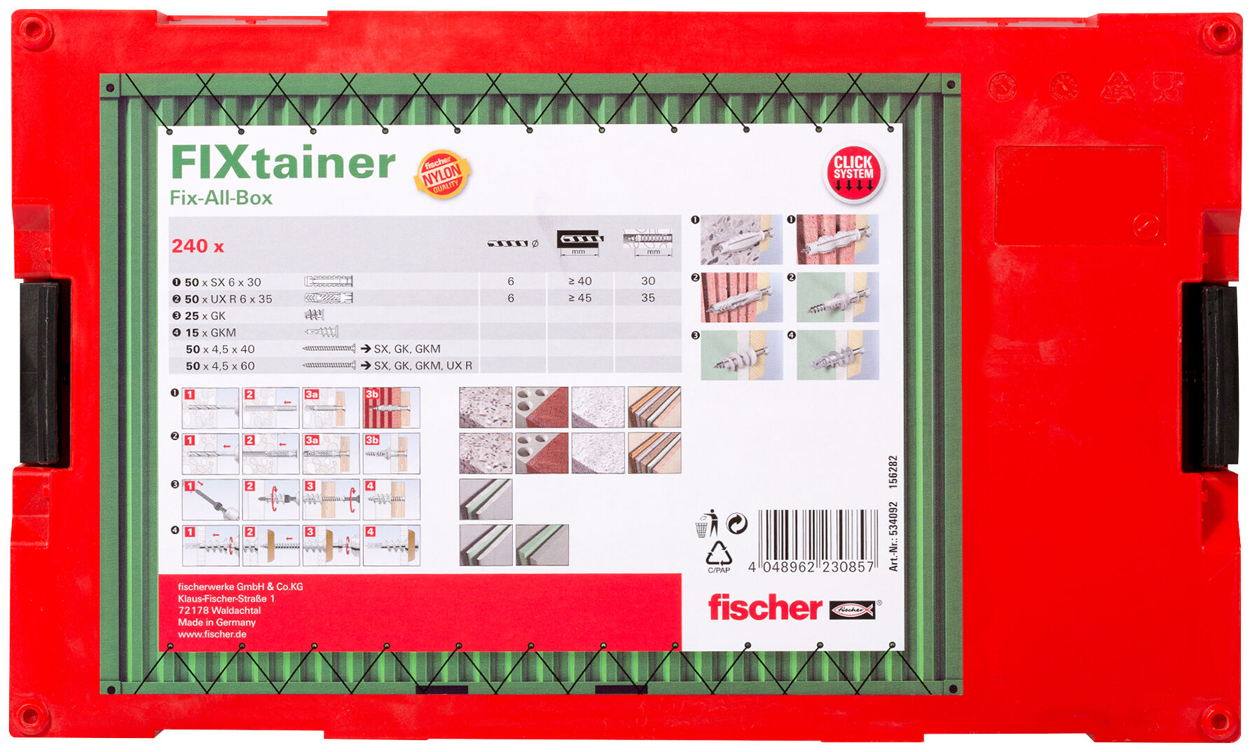Packaging: "fischer FixTainer - UX, SX, GK 및 스크류"