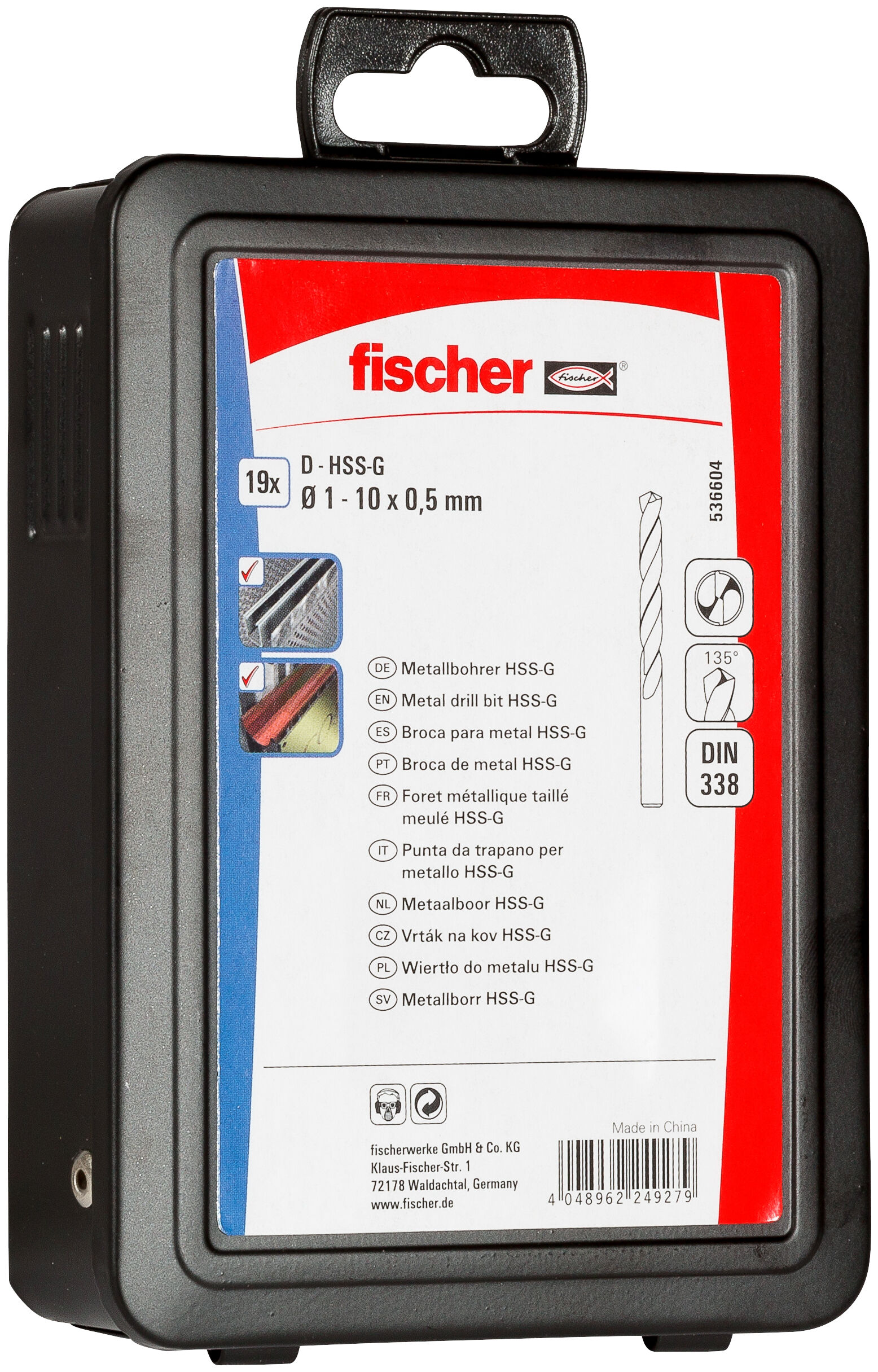 Verpackung: "fischer Metallbohrer-Set D-HSS-G DIN338 1-10 mm (19 Teile)"