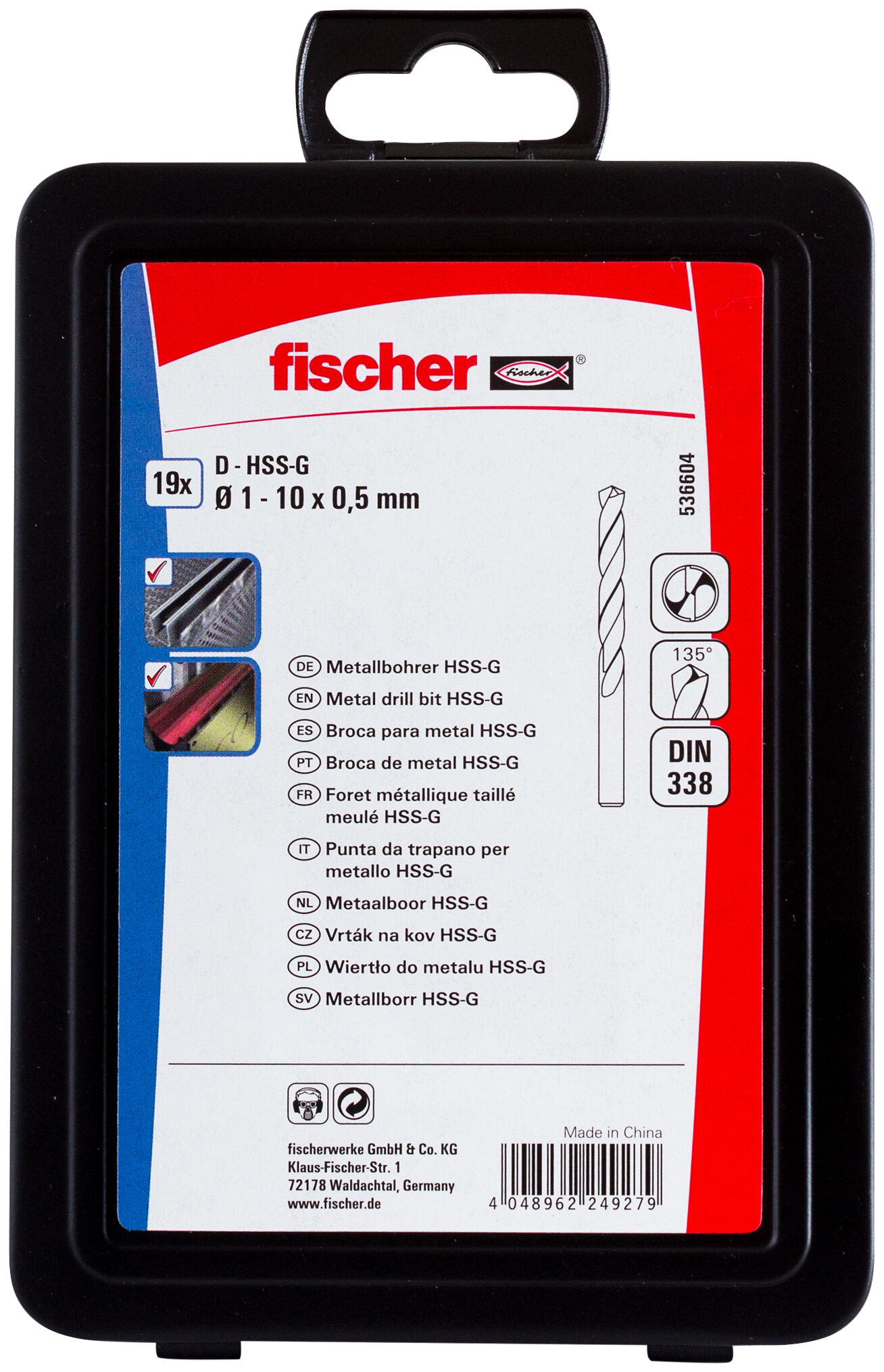 Verpackung: "fischer Metallbohrer-Set D-HSS-G DIN338 1-10 mm (19 Teile)"