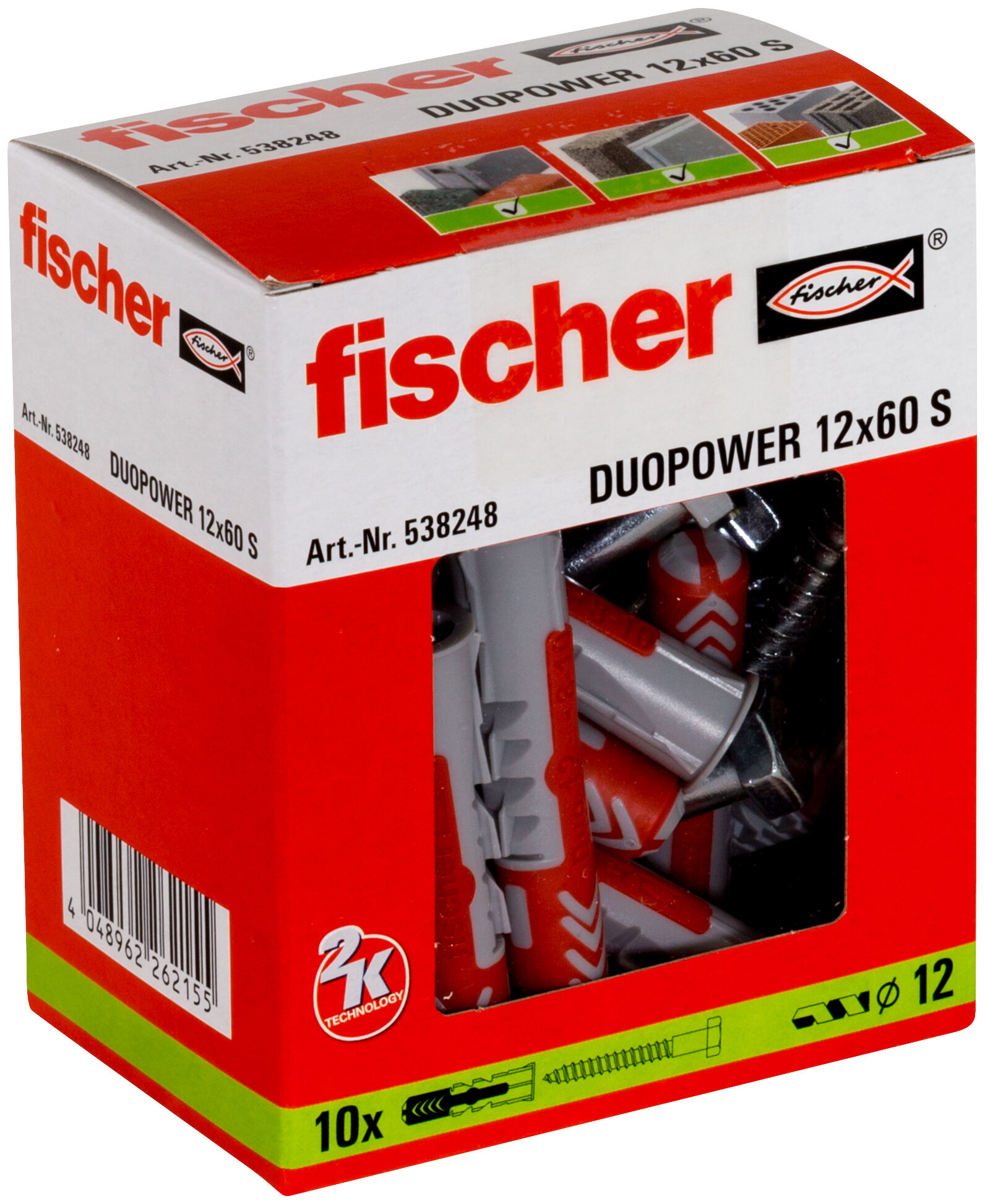 Packaging: "fischer DuoPower 12 x 60 with hexagon head screw"