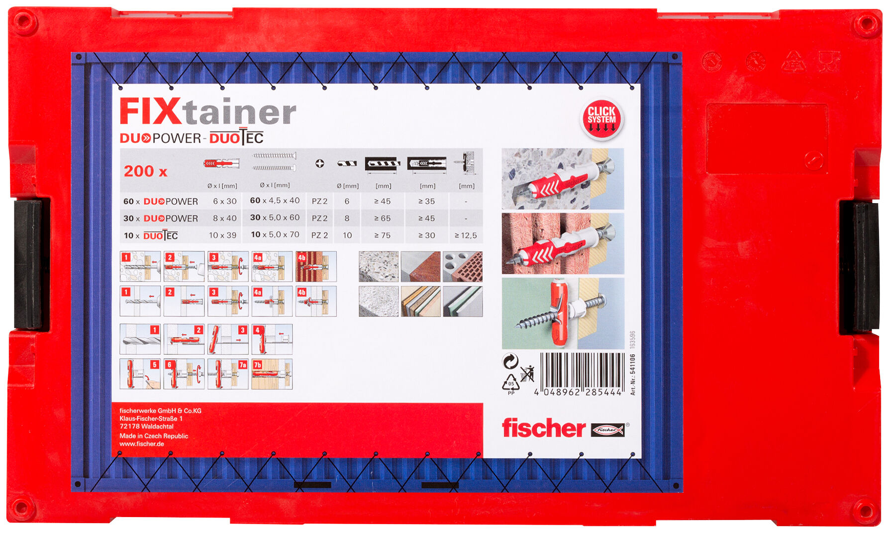 Packaging: "Caja FixTainer de tacos DuoPower con DuoLine y tornillos"