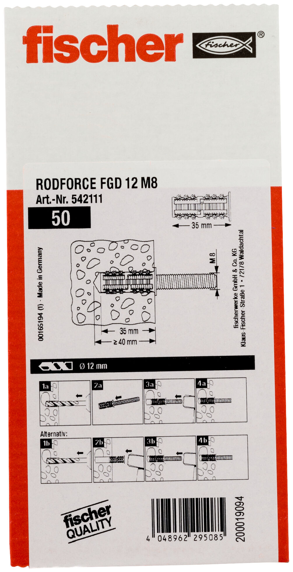 Packaging: "fischer threaded rod plug RodForce FGD M8 x 35"