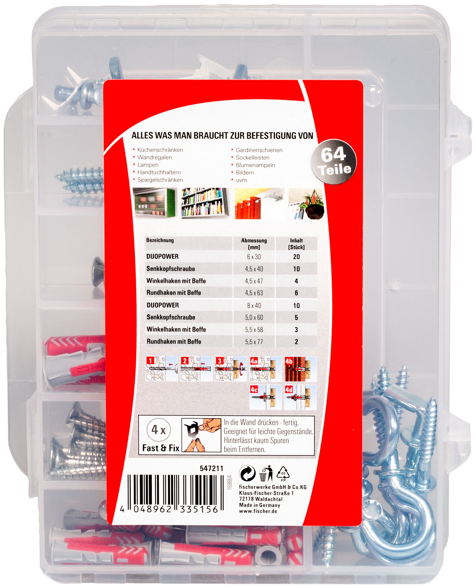 Verpackung: "fischer Umzugsbox DuoPower 6, 8 (64 Teile)"