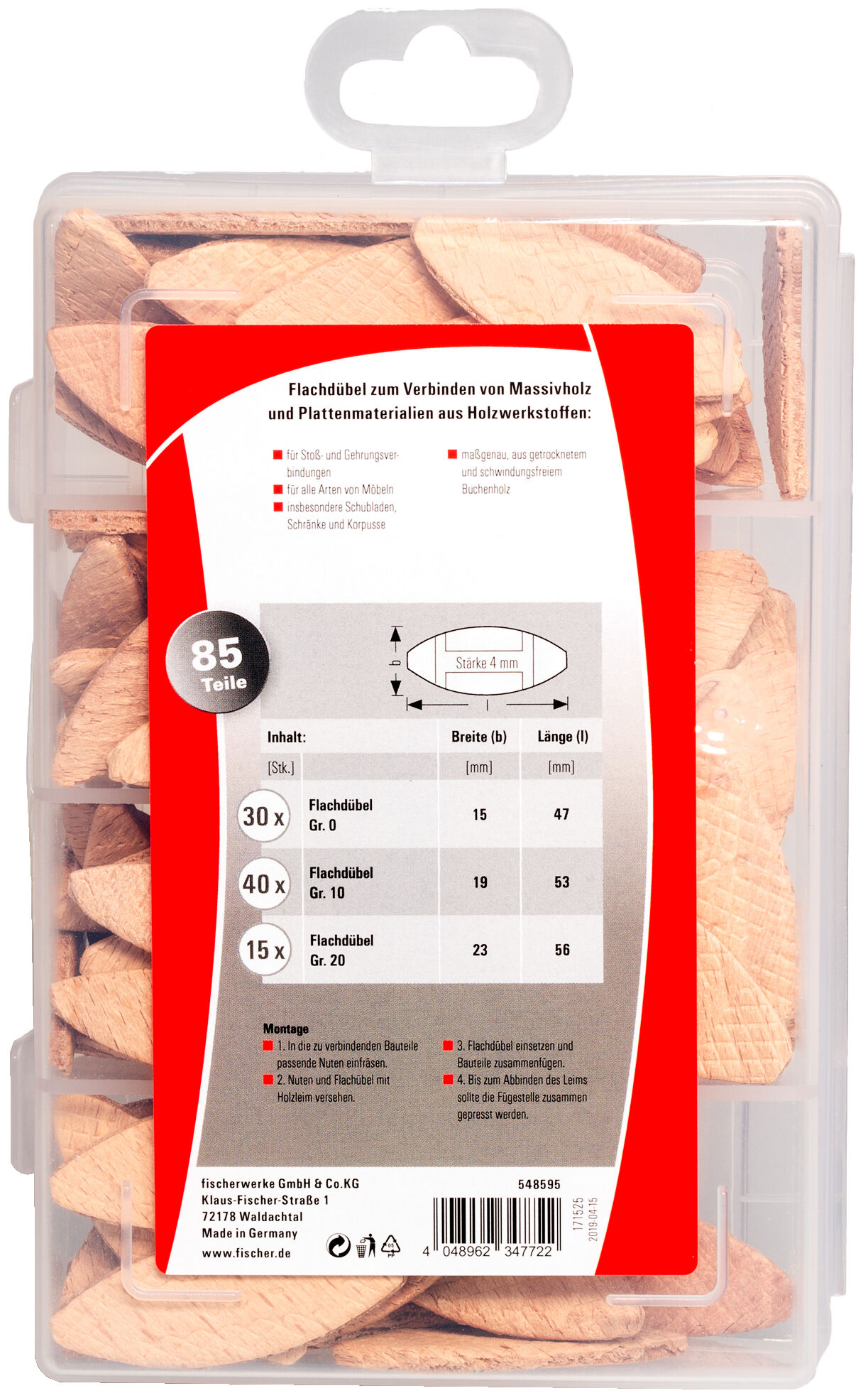 Verpackung: "fischer Praktische Helfer Leimen & Verbinden mit Flachdübeln (85 Teile)"