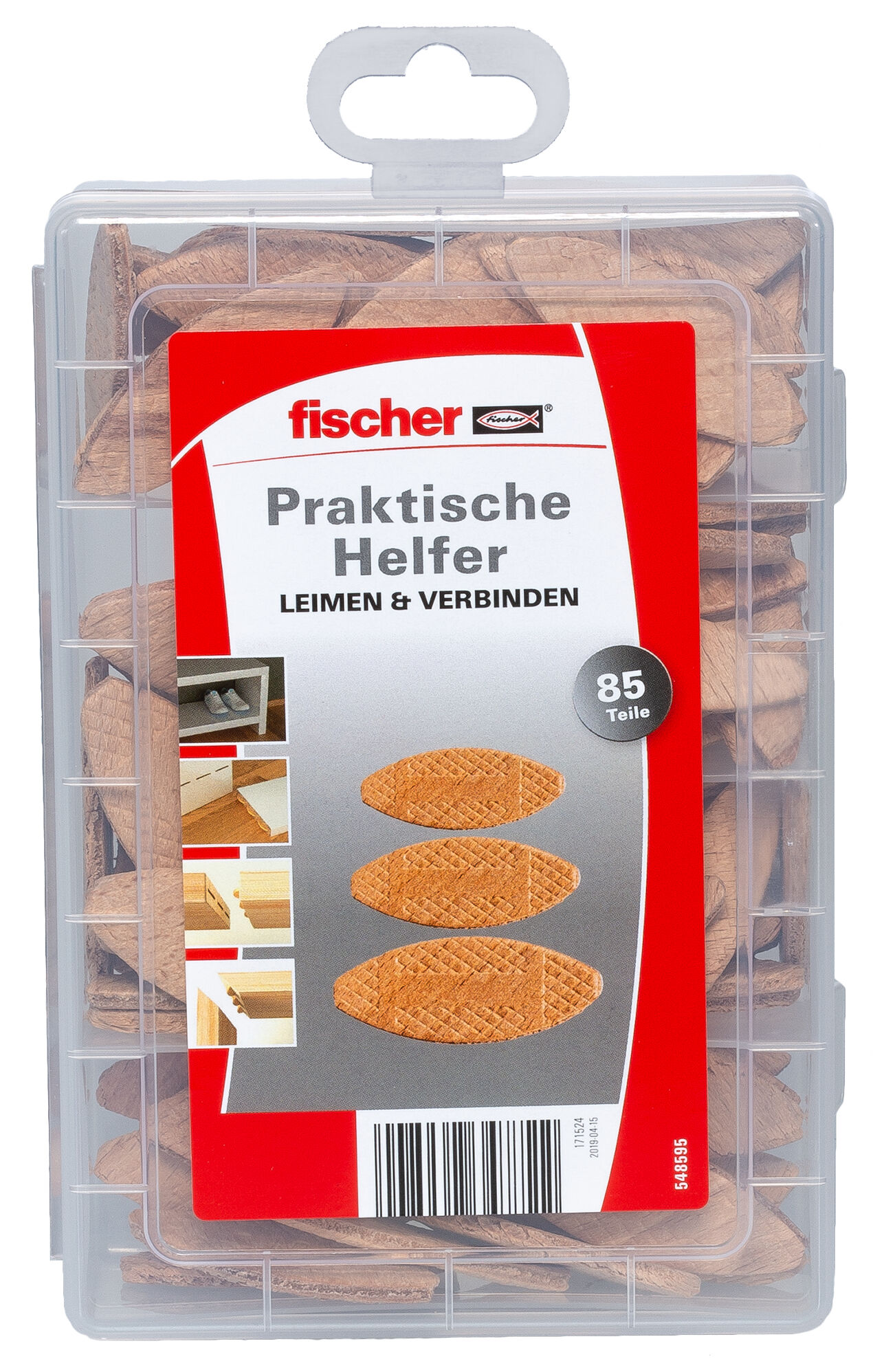 Verpackung: "fischer Praktische Helfer Leimen & Verbinden mit Flachdübeln (85 Teile)"