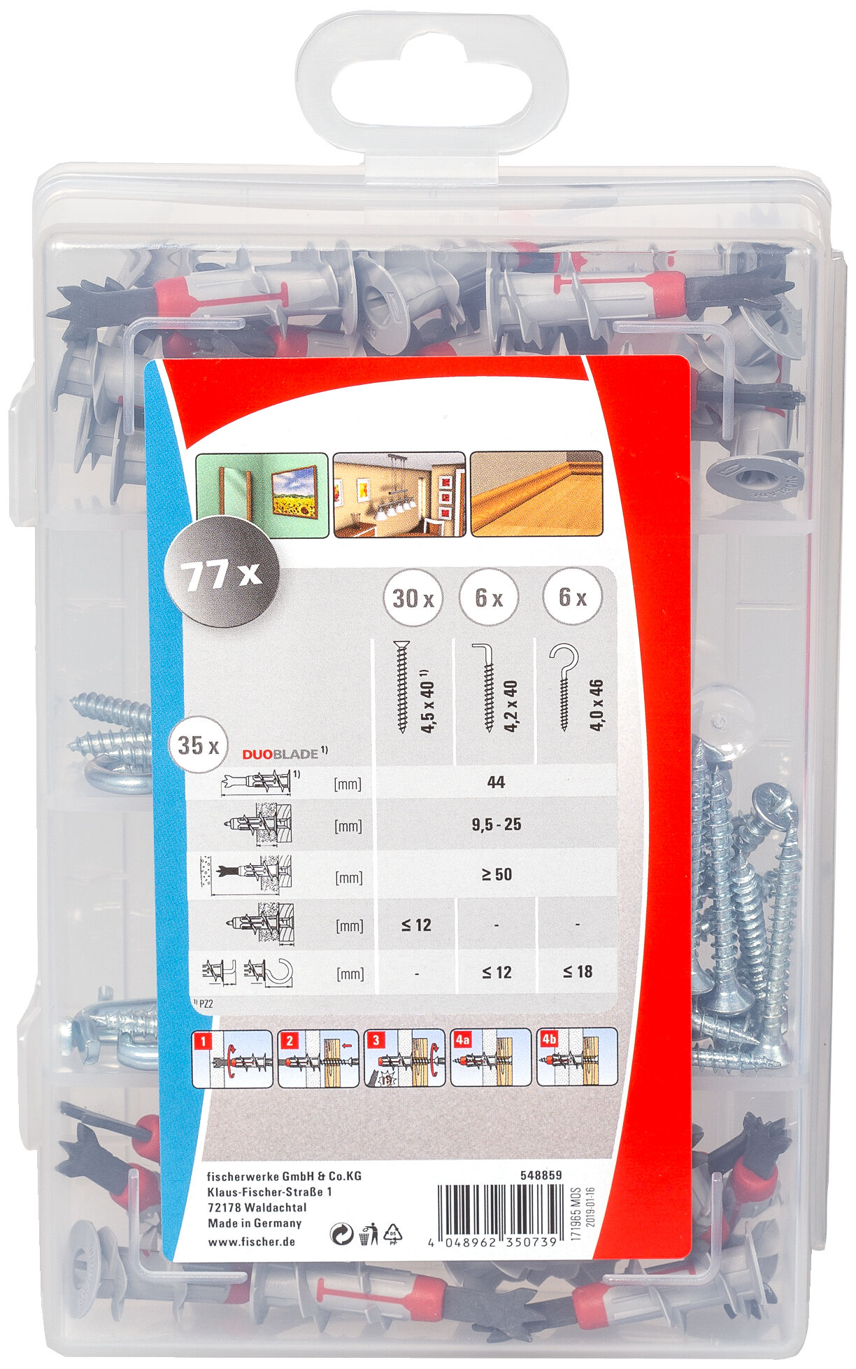 Packaging: "Maletin Profi-Box de tacos DuoBlade con tornillos, alcayatas y hembrilla abiertas"