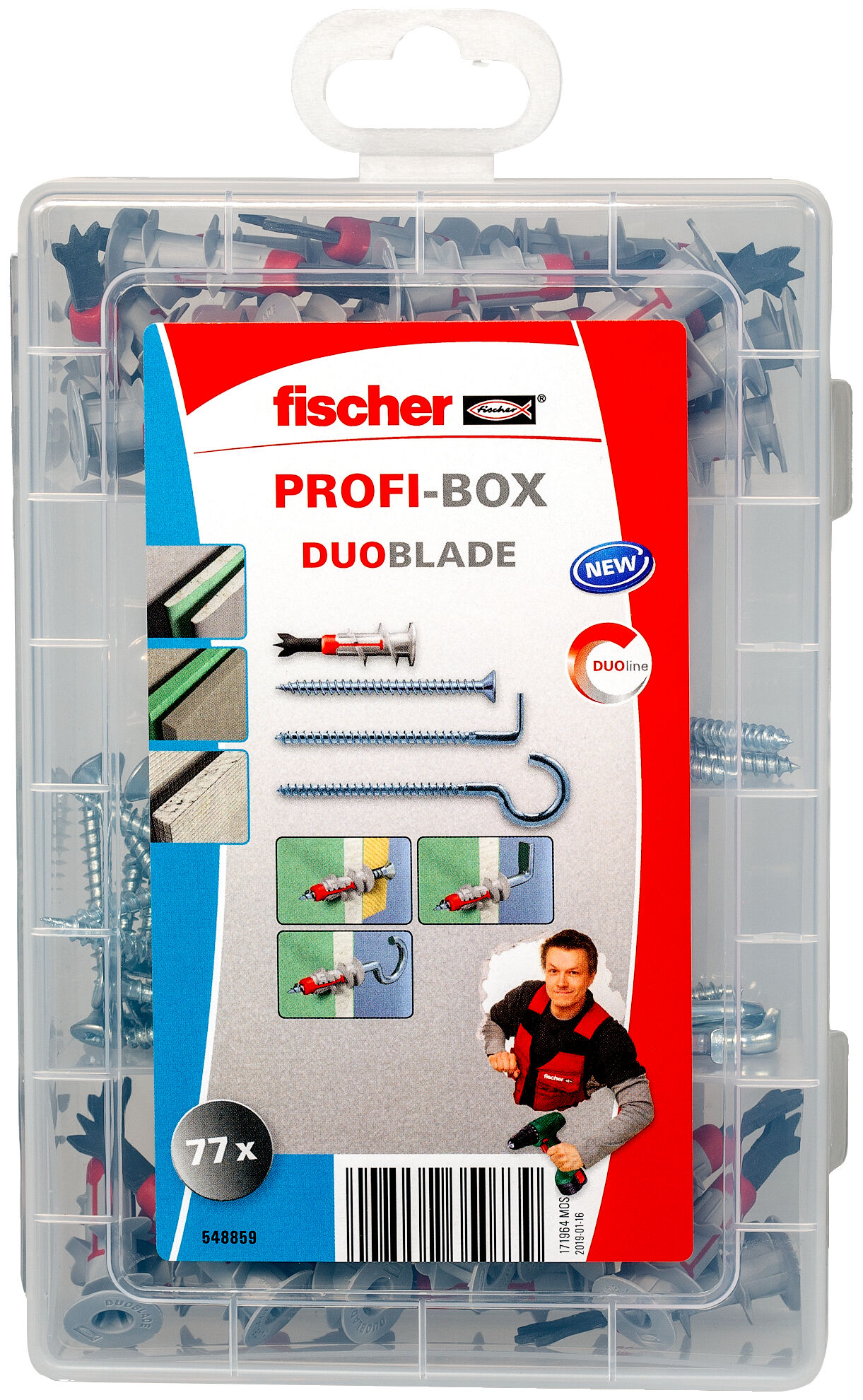 Packaging: "Maletin Profi-Box de tacos DuoBlade con tornillos, alcayatas y hembrilla abiertas"