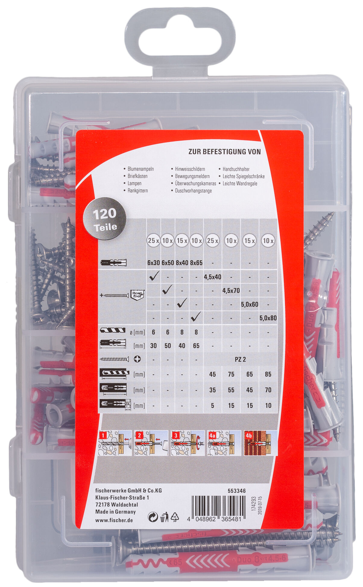 Verpackung: "fischer Praktische Helfer Feucht & Außen (120 Teile)"