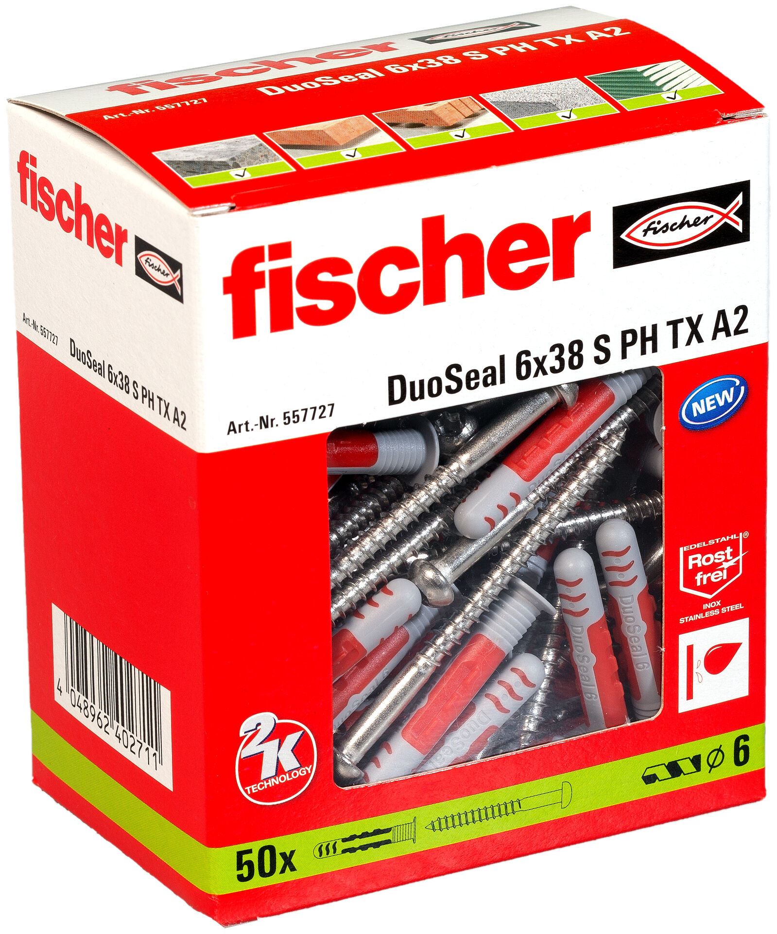 Packaging: "fischer DuoSeal 6 x 38 S PH TX A2"