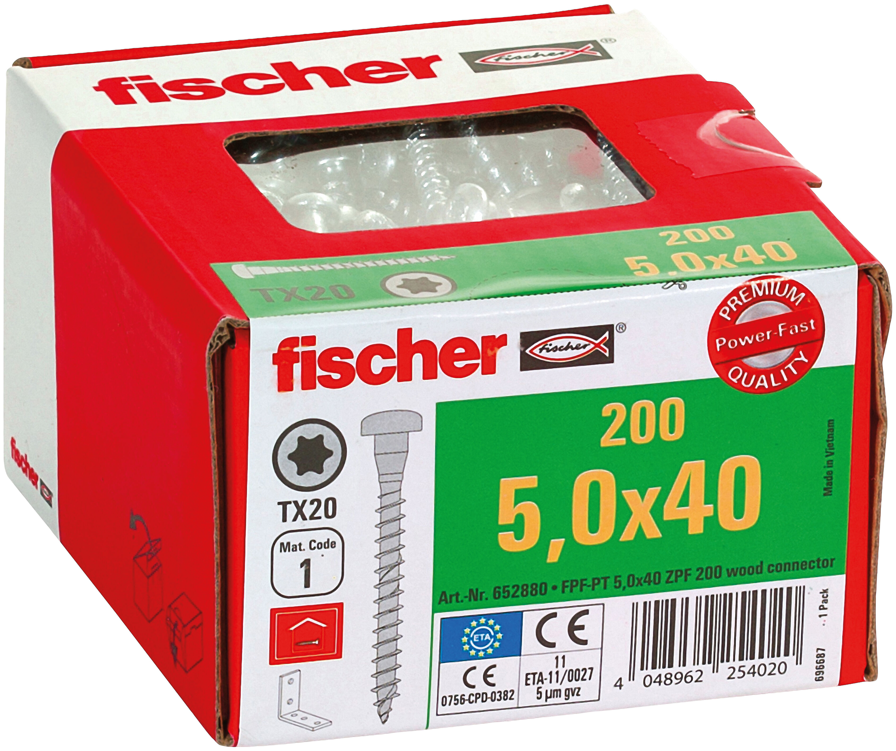 Verpackung: "fischer PowerFast 5,0 x 40 Blechverbinder blauverzinkt Vollgewinde"