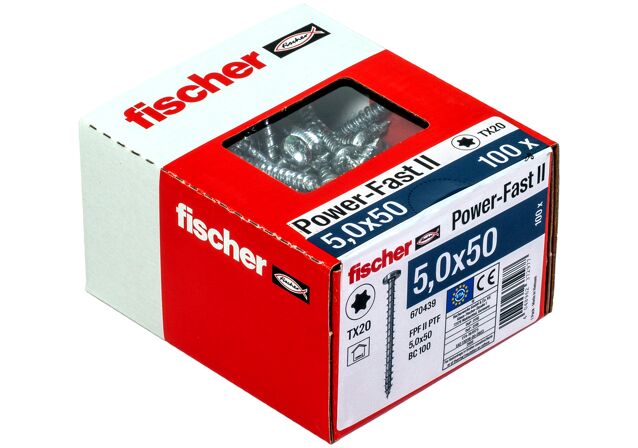 Verpackung: "fischer Spanplattenschraube PowerFast FPF II PTF 5,0 x 50 BC 100, Halbrundkopf, TX Antrieb, Vollgewinde, blau passiviert, galvanisch verzinkt, 100 Stück"