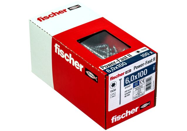 Packaging: "Tornillos para madera fischer PowerFast II CTP 6x100 BC con cabeza avellanada, rosca parcial y engarce TX (100 uds.)"