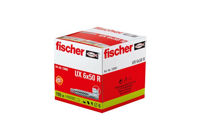 Packaging: "fischer Universalplugg UX 6 x 50 R lang, med krage"