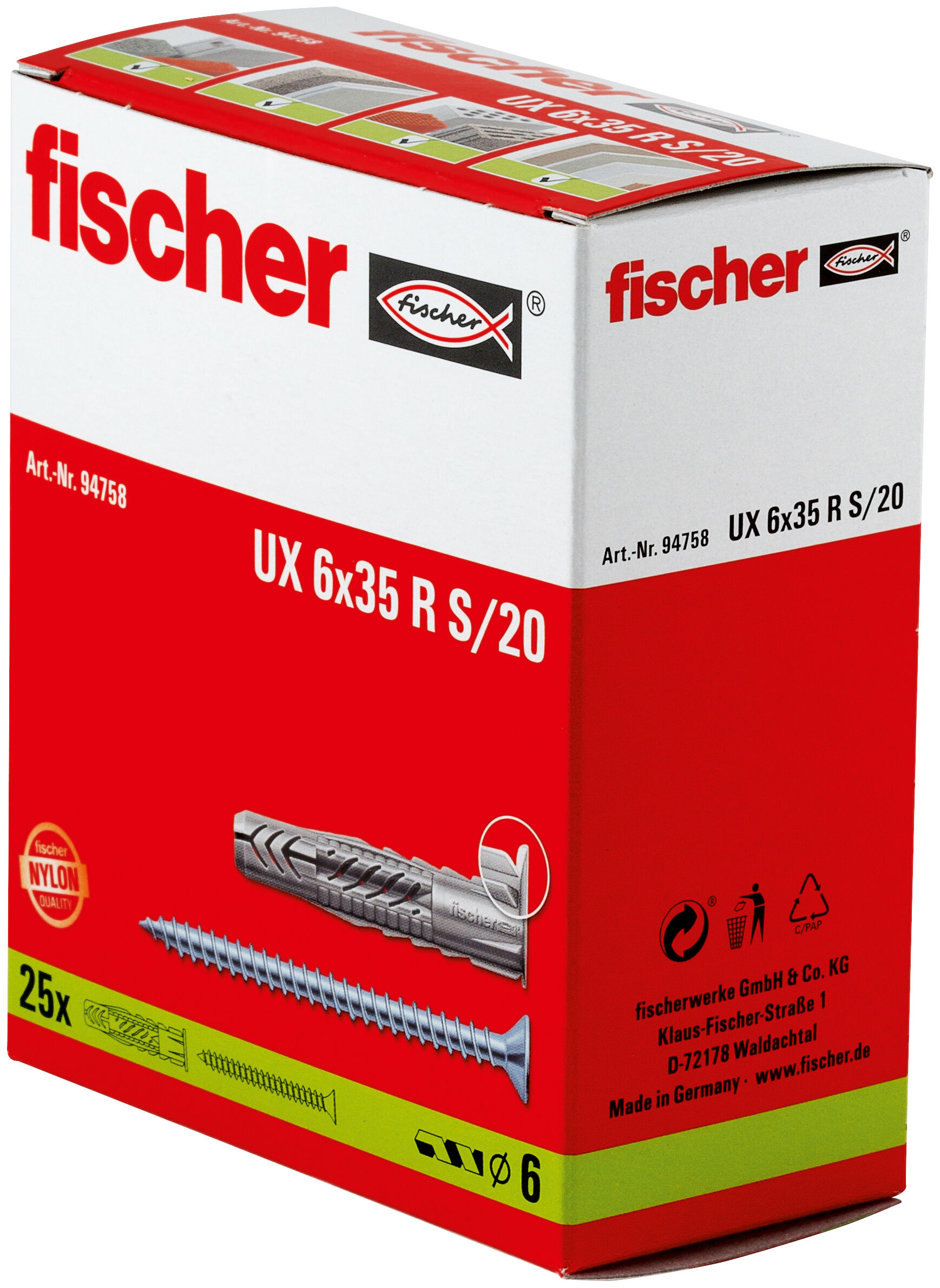 Verpackung: "fischer Universaldübel UX 6 x 35 R S mit Rand und Schraube"