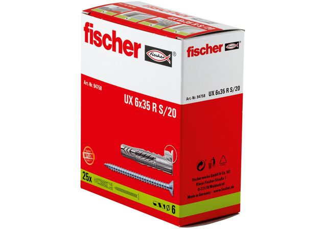 Packaging: "fischer Universal plug UX 6 x 35 R S with rim and screw"
