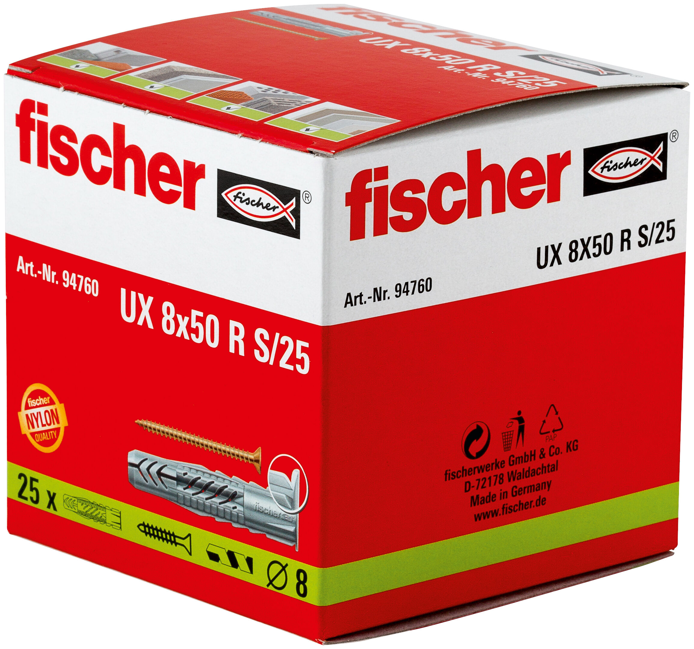 Verpackung: "fischer Universaldübel UX 8 x 50 R S mit Rand und Schraube"