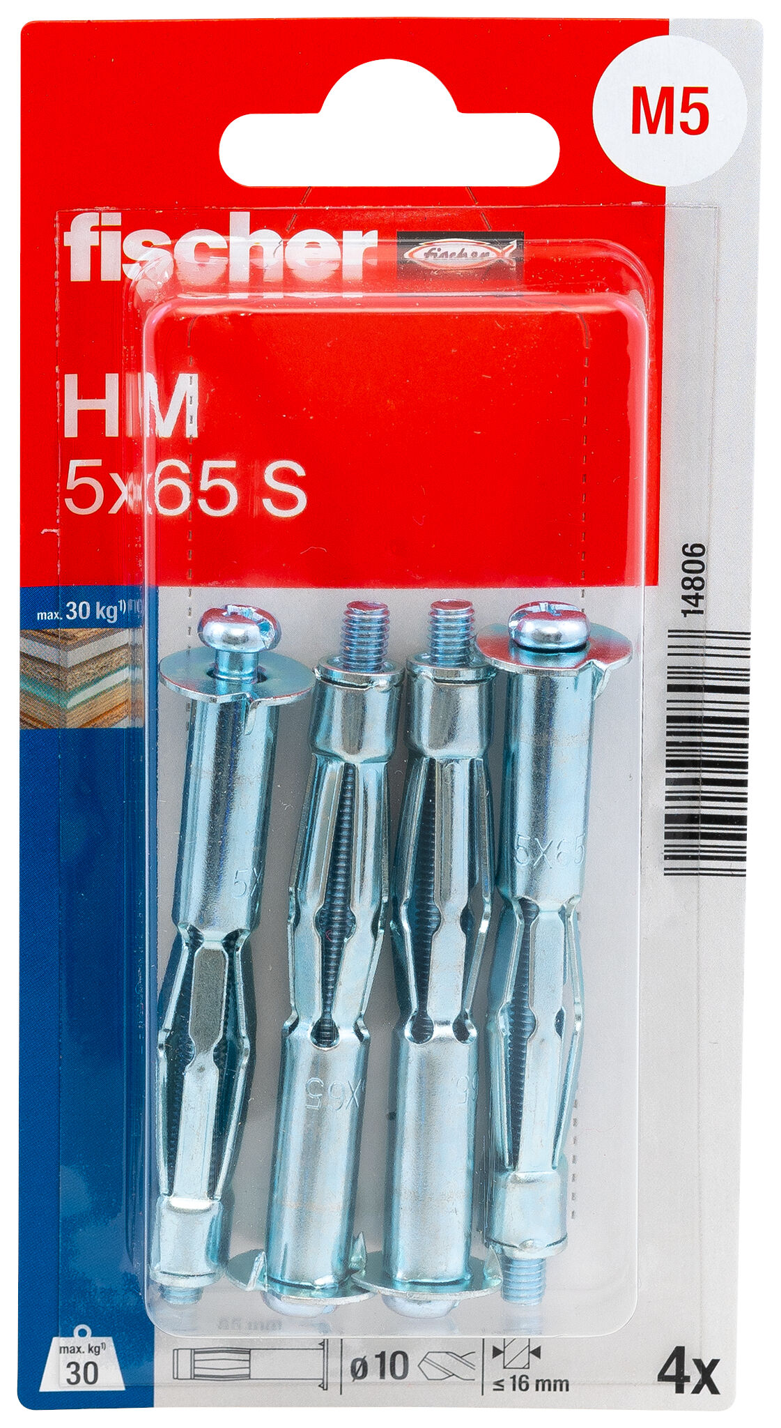 Packaging: &quot;fischer Metal cavity fixing HM 5 x 65 S with screw SB-card&quot;