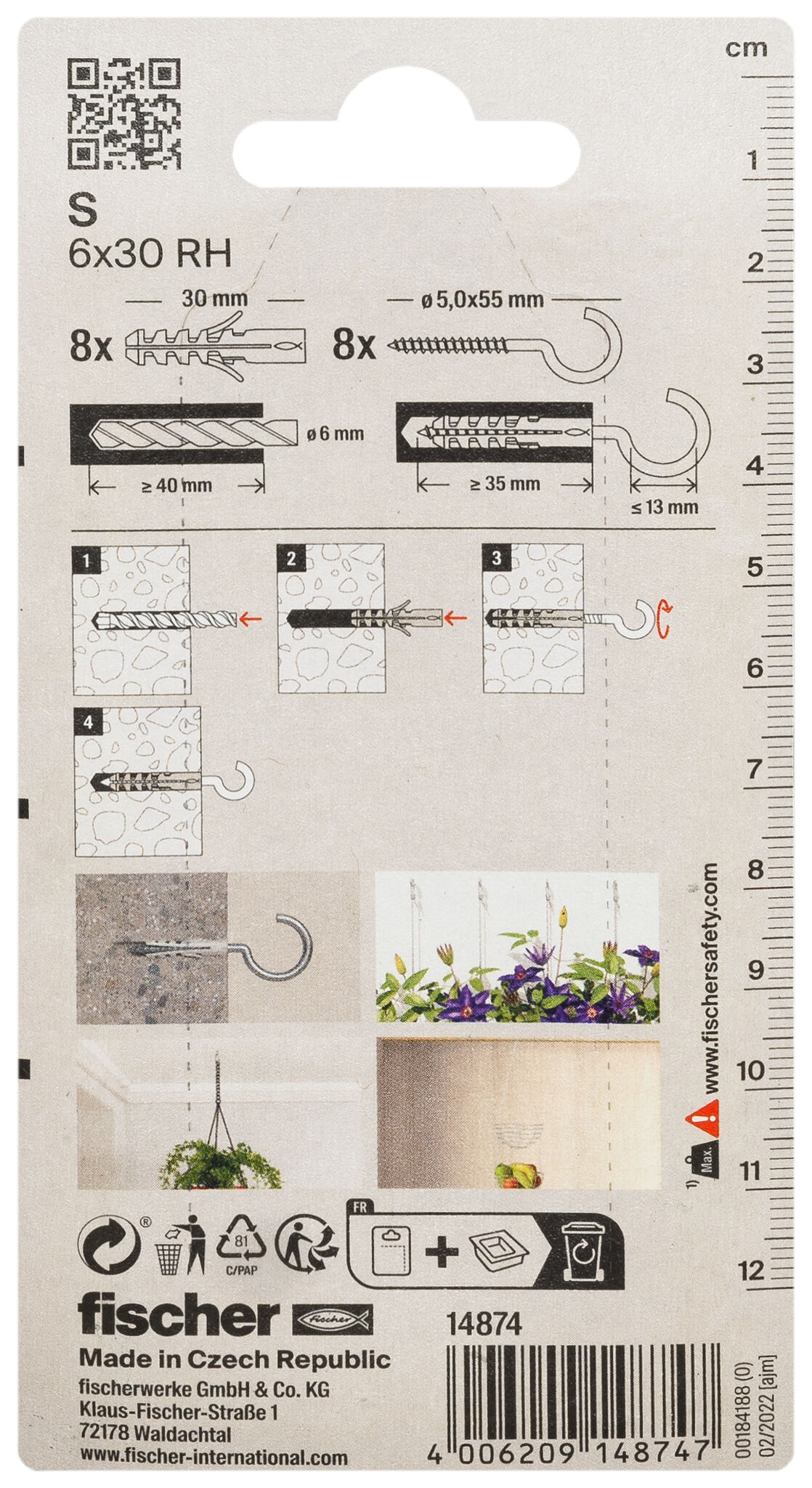 Packaging: "fischer 확장 플러그 S 6 RH, 원형 헤드 후크"