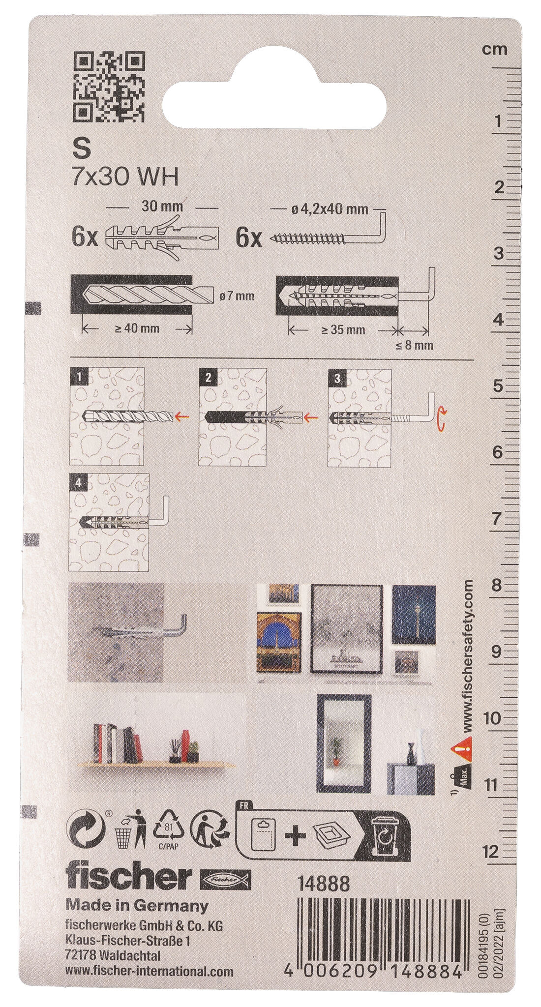 Packaging: "fischer Expansion plug S 7 WH with angle hook"