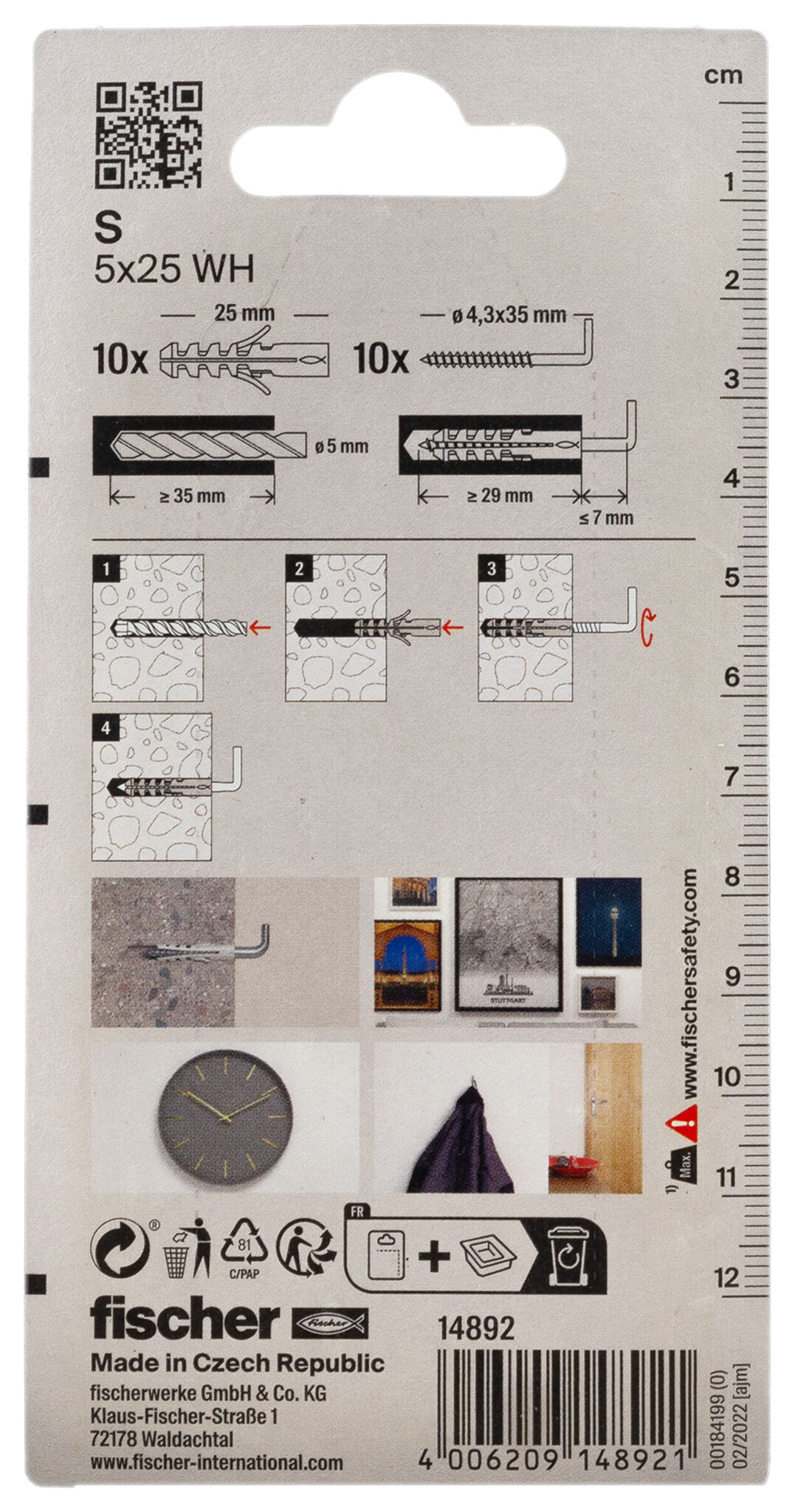 Packaging: "fischer Expansion plug S 5 WH with angle hook"