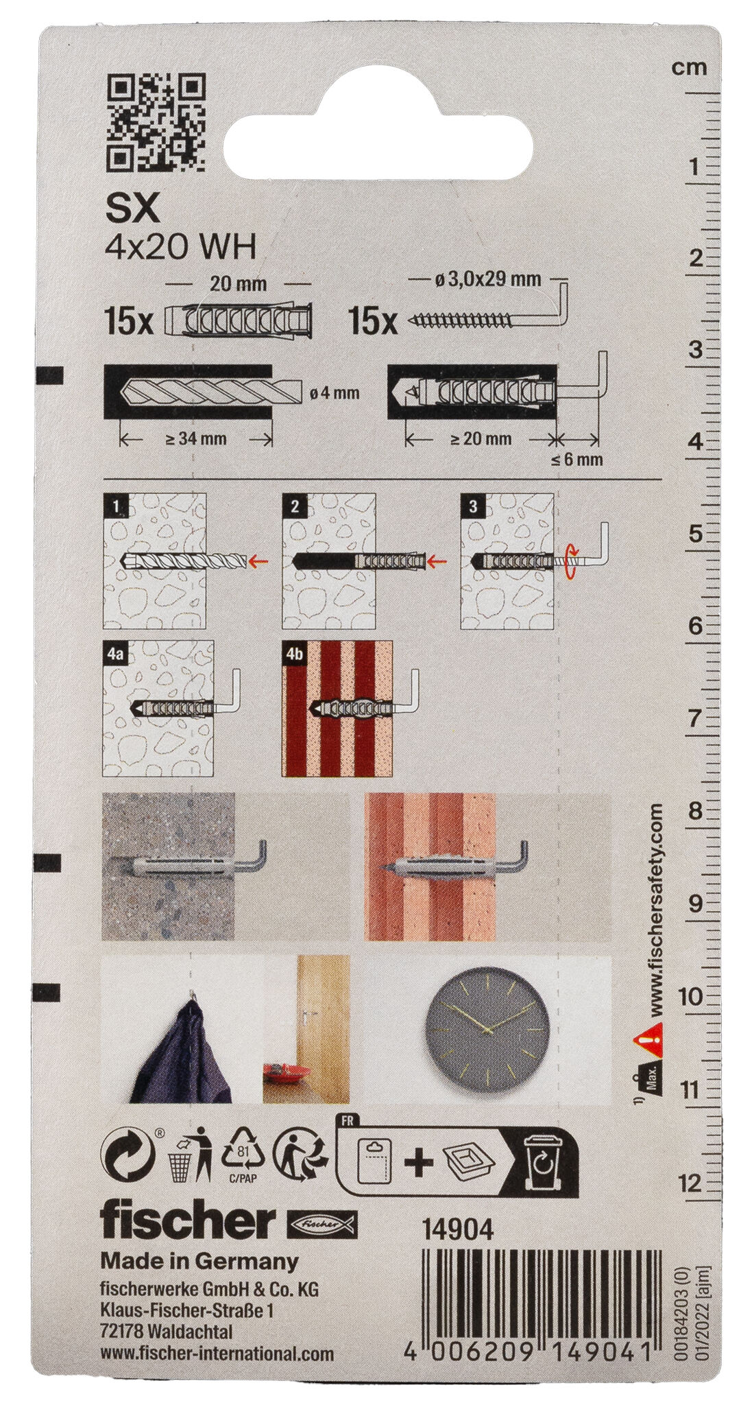 Packaging: "fischer Expansion plug SX 4 x 20 WH with angle hook"