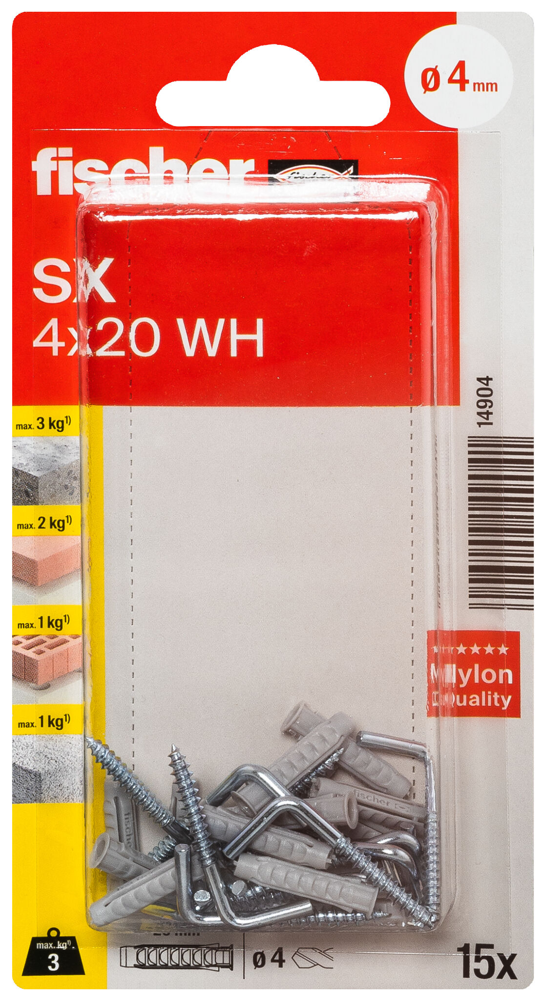 Packaging: "fischer Expansion plug SX 4 x 20 WH with angle hook"