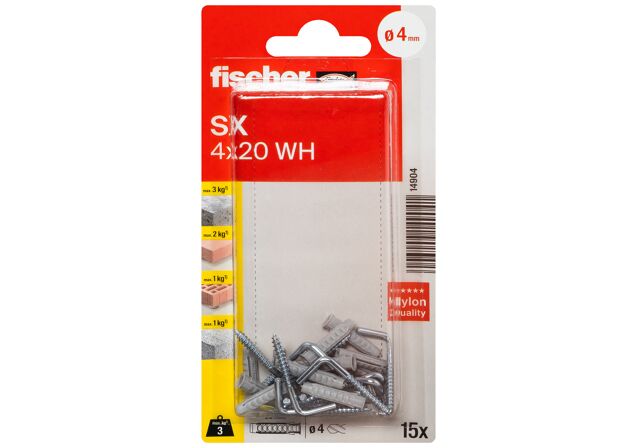 Packaging: "fischer Expansion plug SX 4 x 20 WH with angle hook"